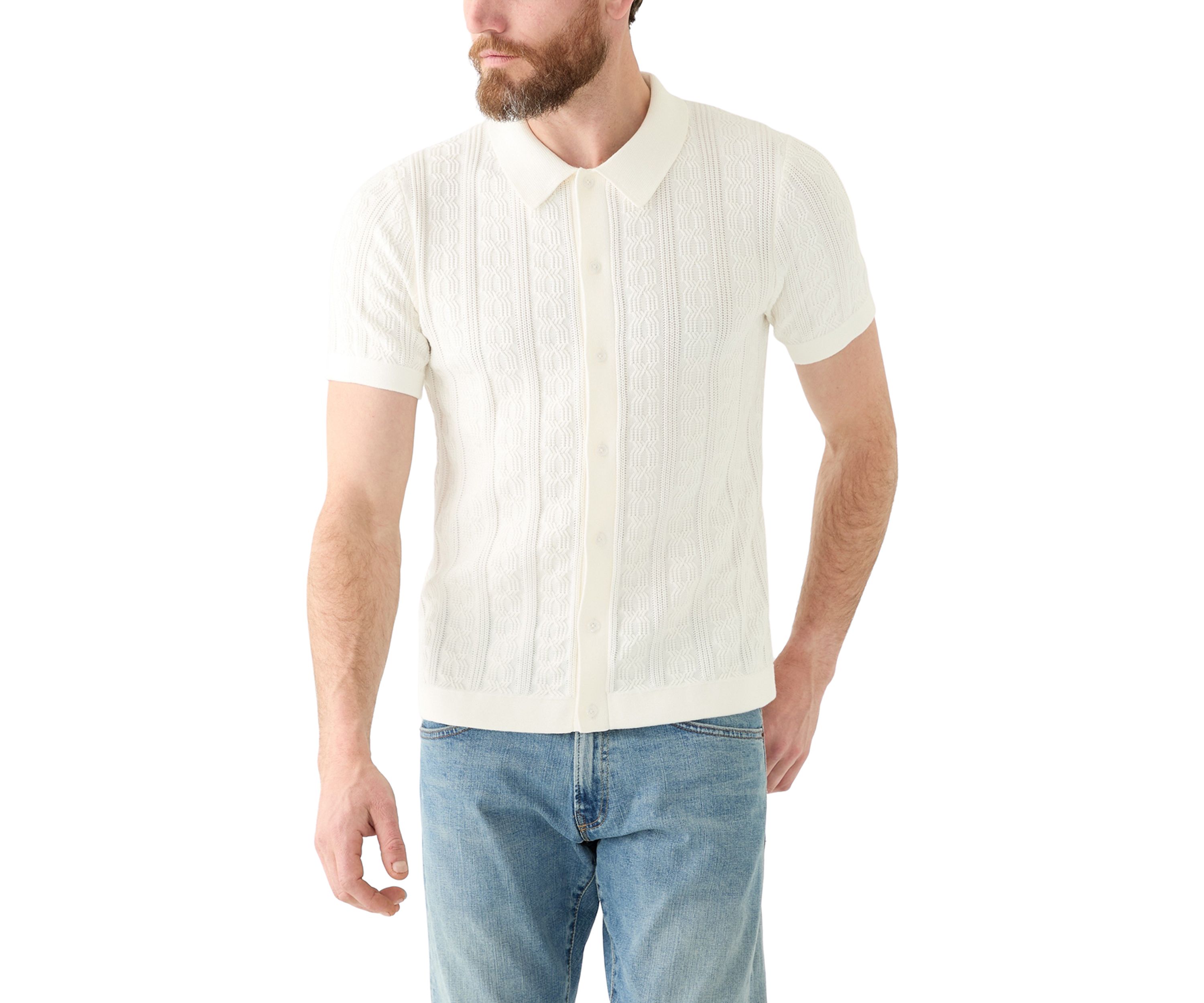 Short Sleeve Cable Button Sweater Knit Polo Shirt