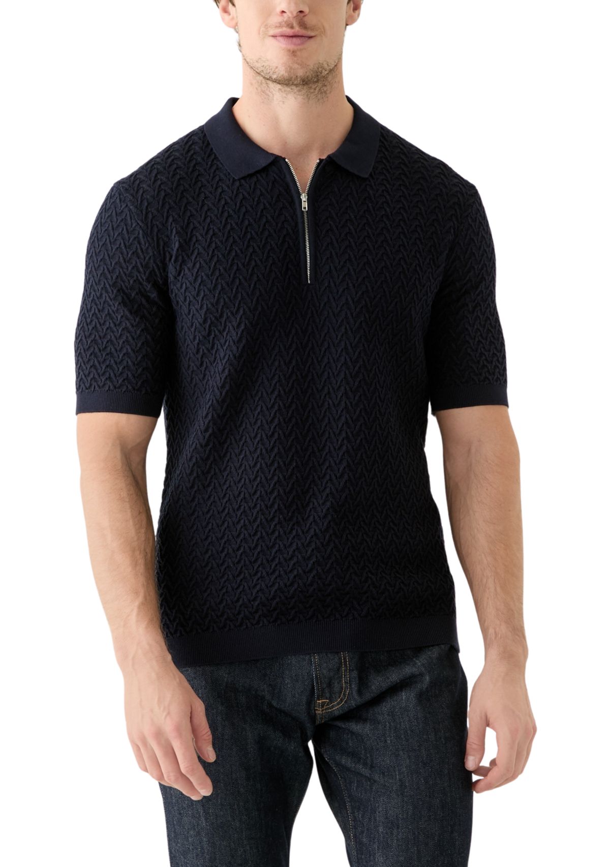 Short Sleeve Textured Zip Sweater Polo Shirt 