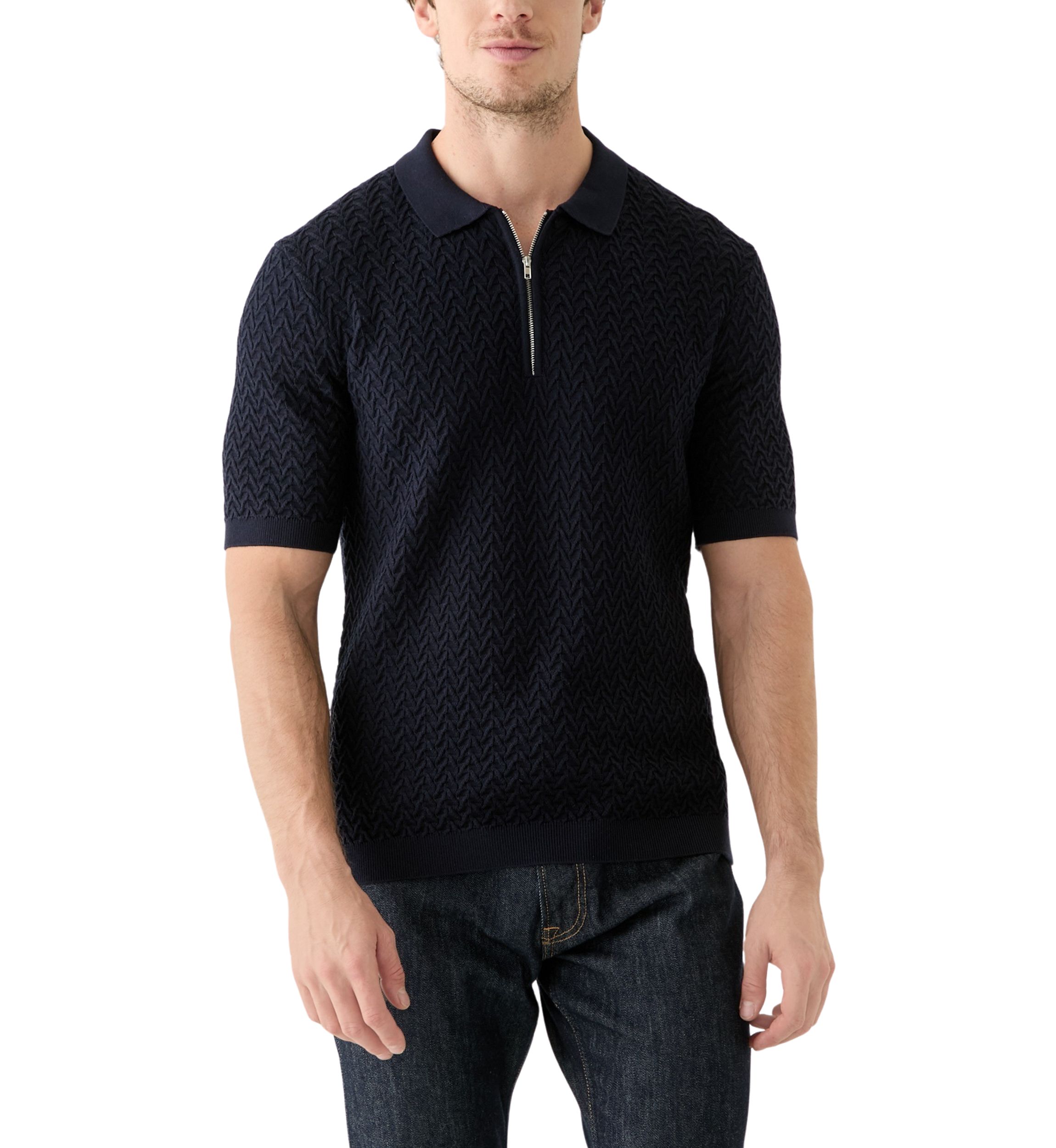 Short Sleeve Textured Zip Sweater Polo Shirt 