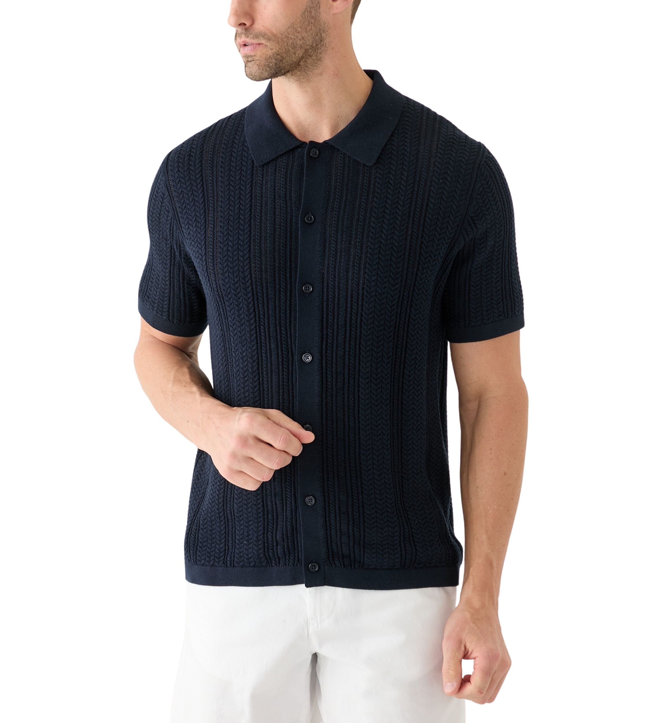 Mens Mixed Stitch Button Front Short Sleeve Sweater