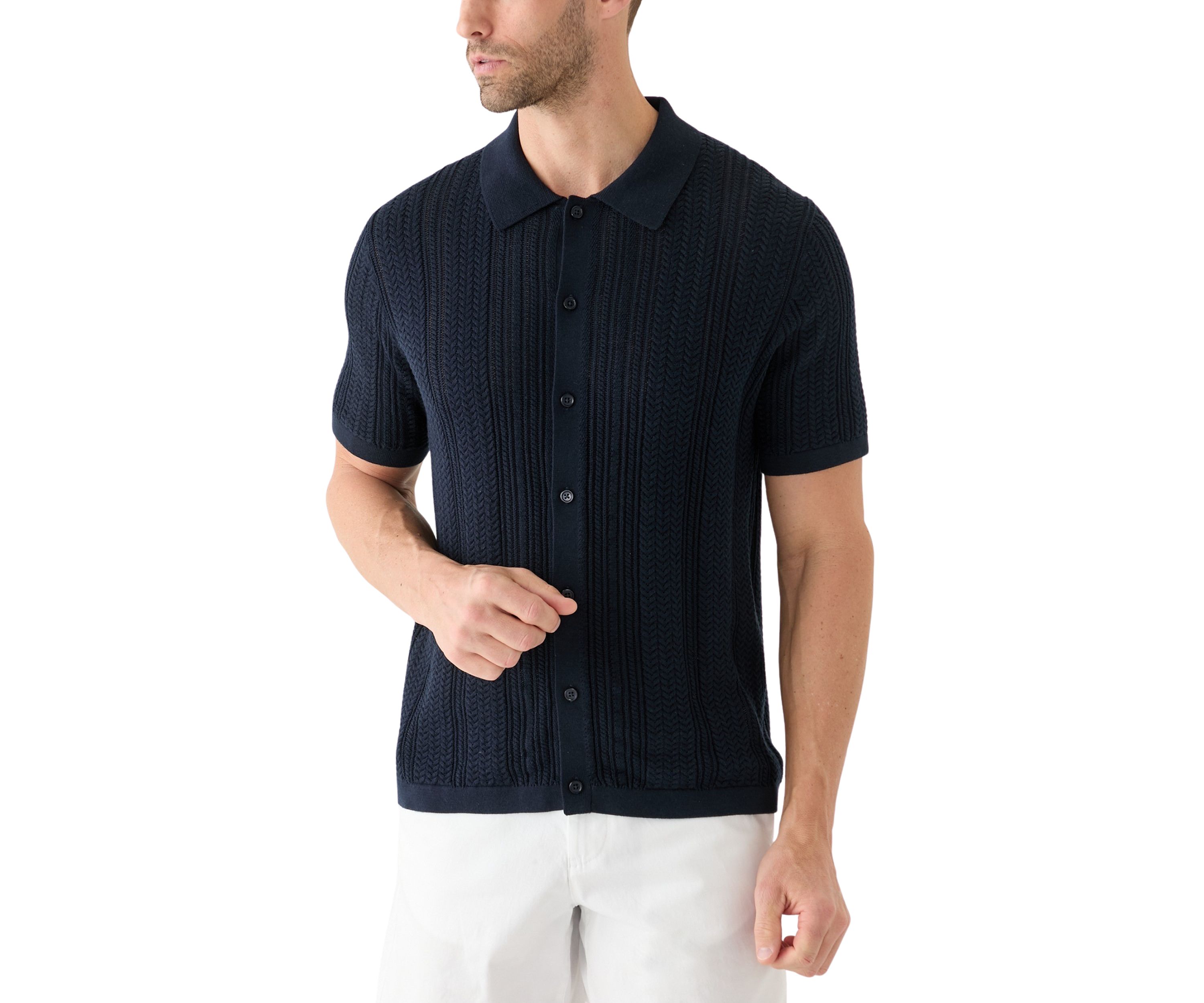 Mens Mixed Stitch Button Front Short Sleeve Sweater