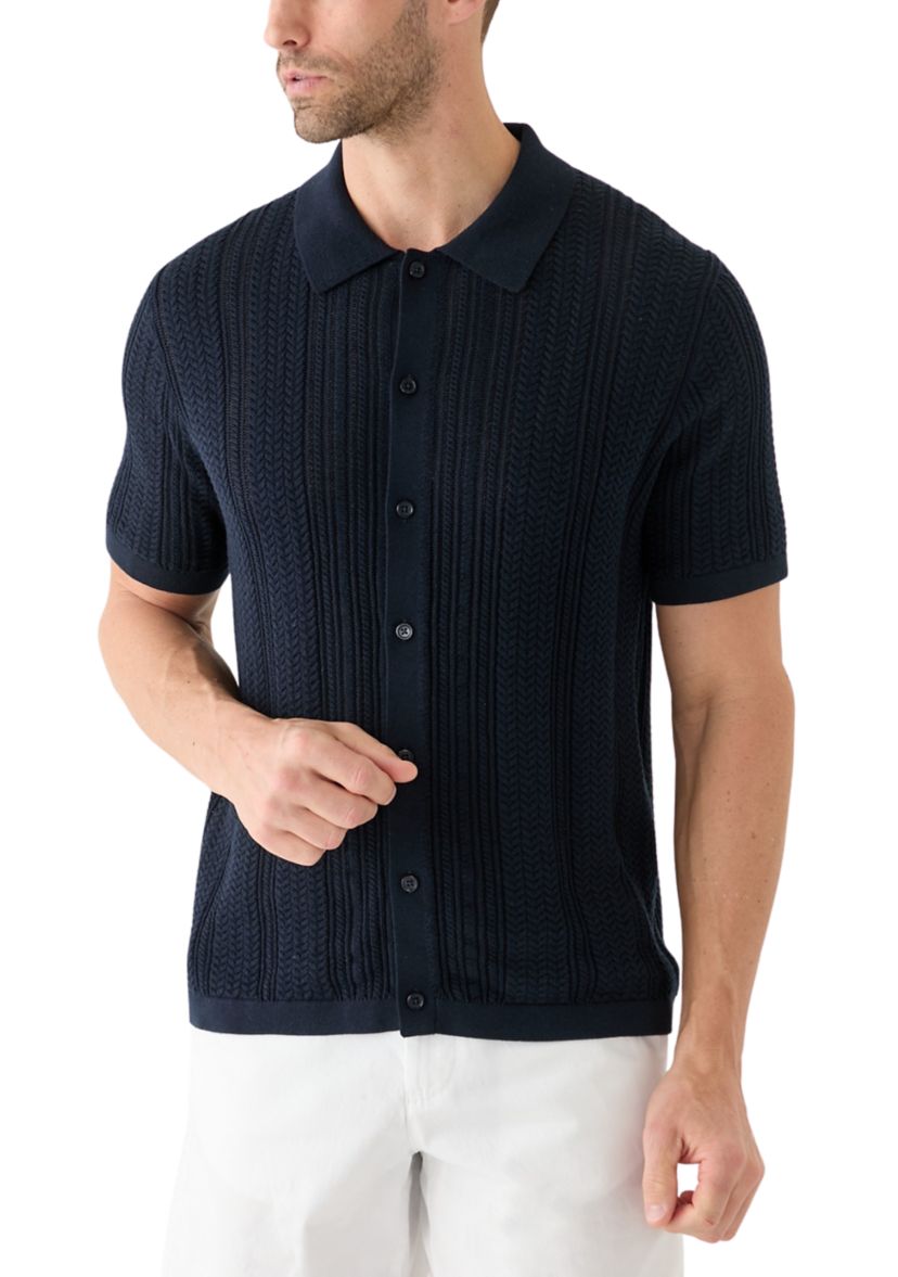 Mens Mixed Stitch Button Front Short Sleeve Sweater
