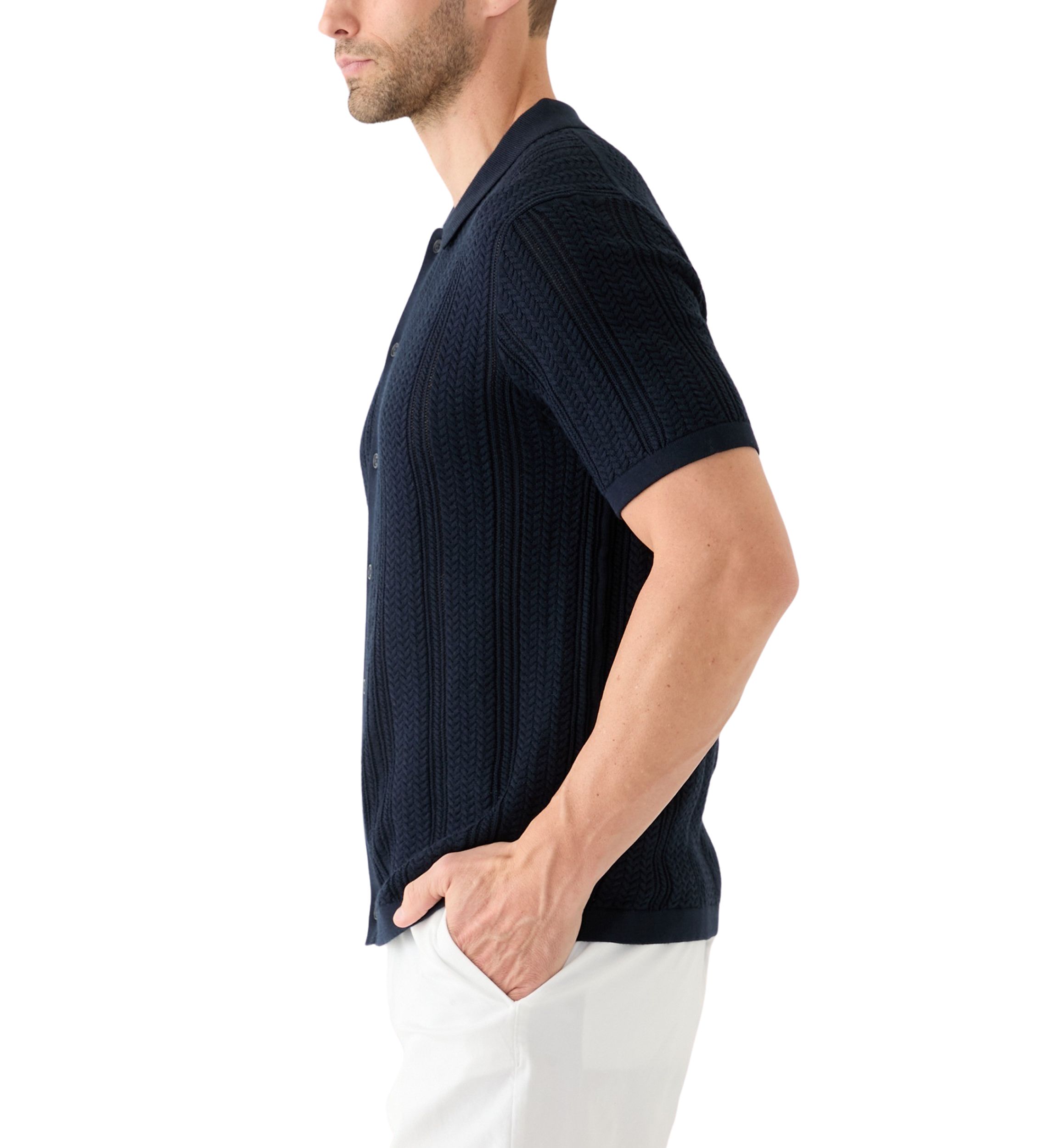 Mens Mixed Stitch Button Front Short Sleeve Sweater
