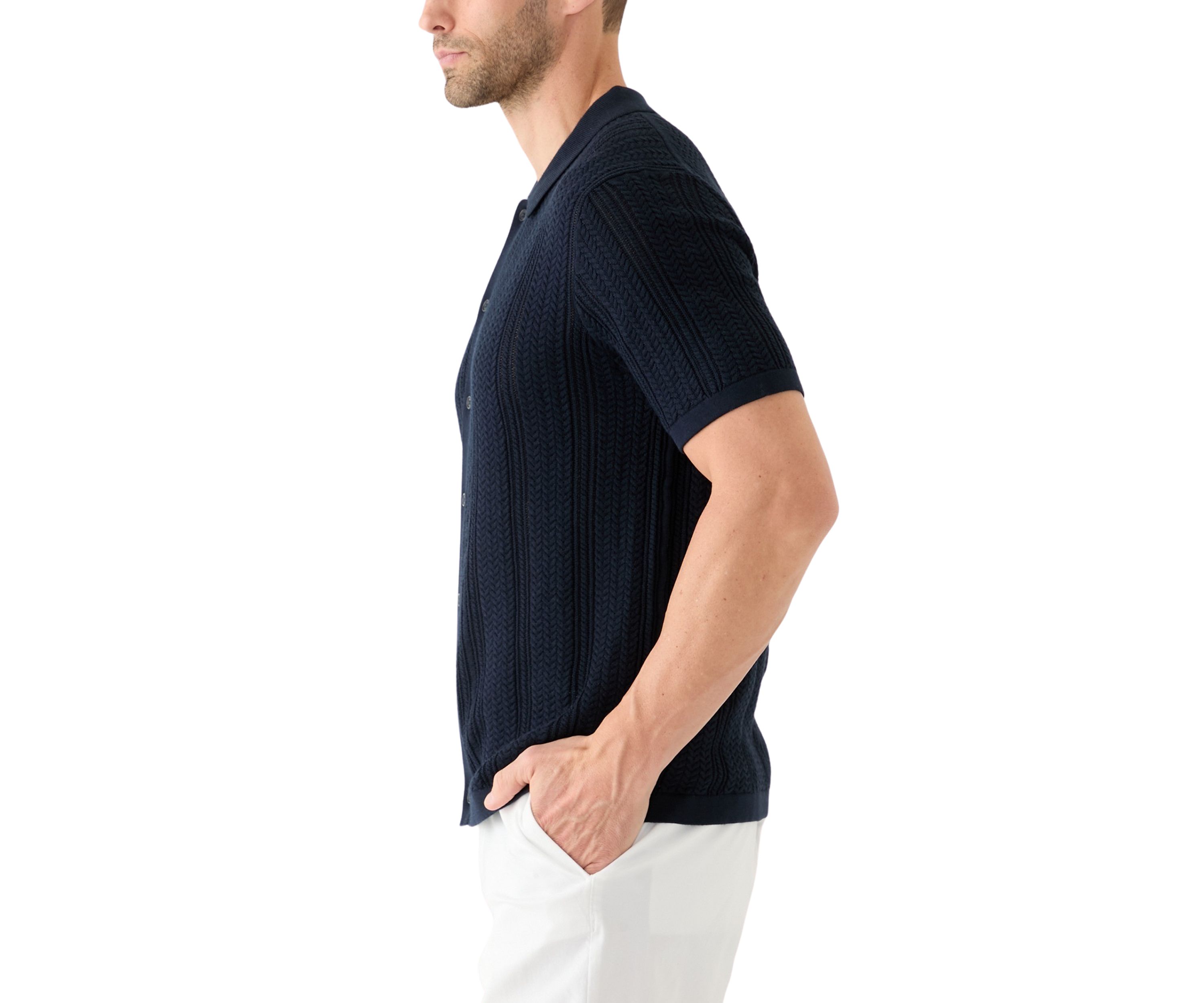 Mens Mixed Stitch Button Front Short Sleeve Sweater