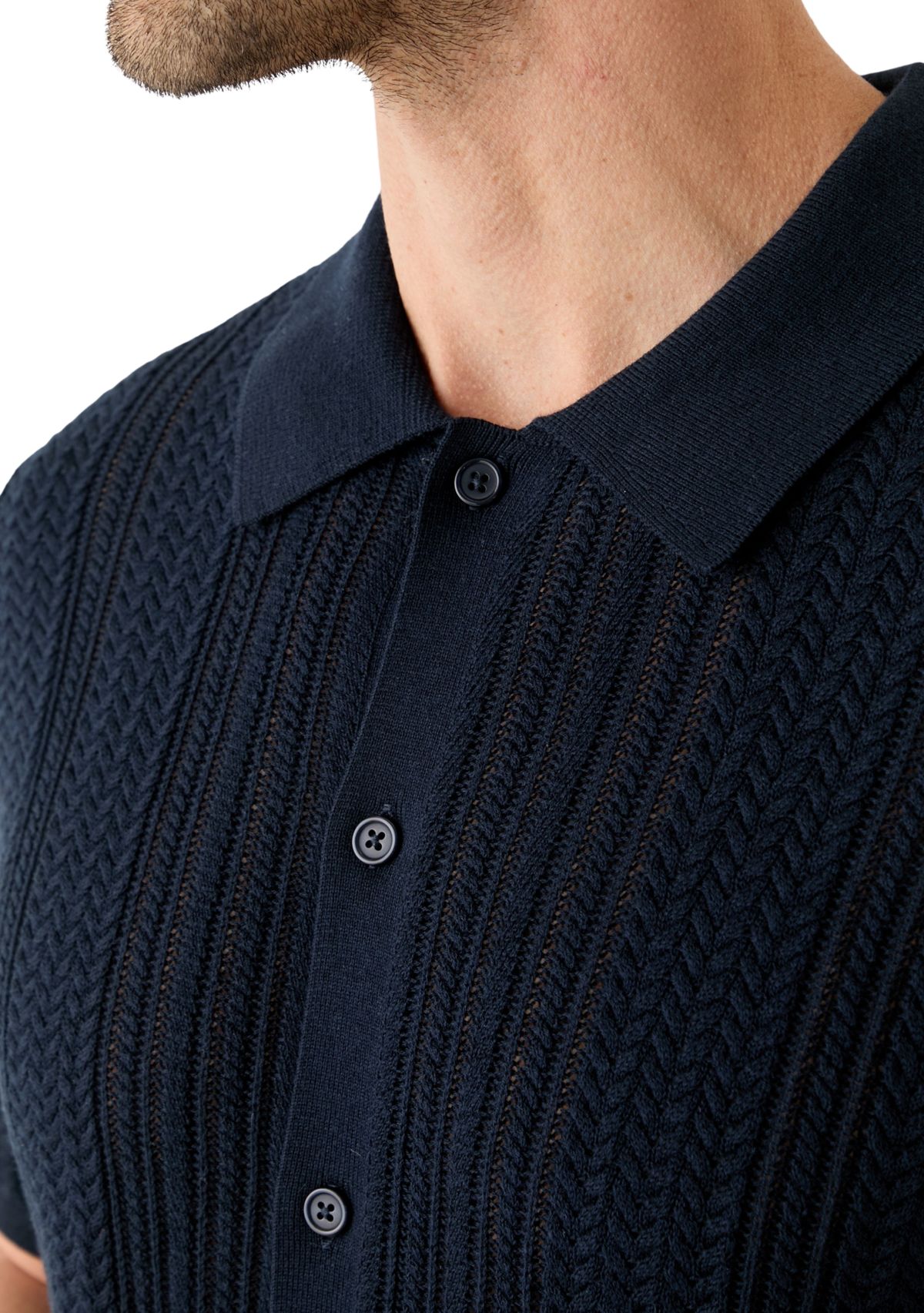Mens Mixed Stitch Button Front Short Sleeve Sweater