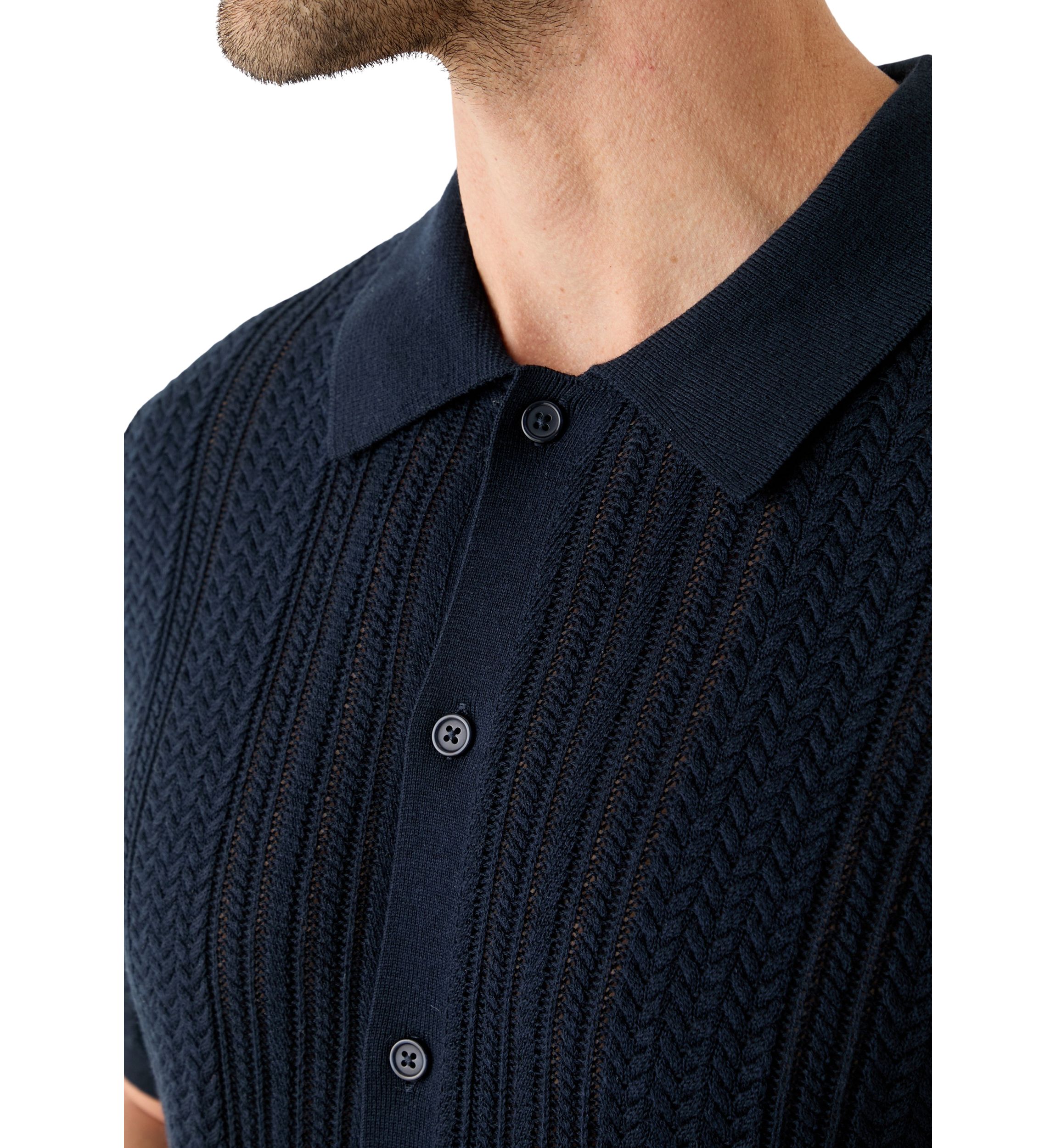 Mens Mixed Stitch Button Front Short Sleeve Sweater
