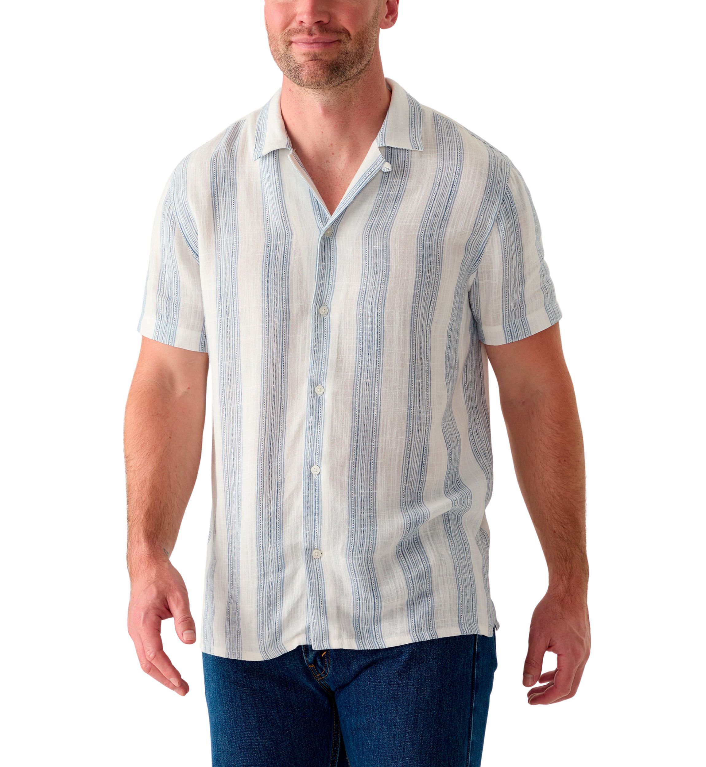 Mens Short Sleeve Stripe Linen Camp Shirt