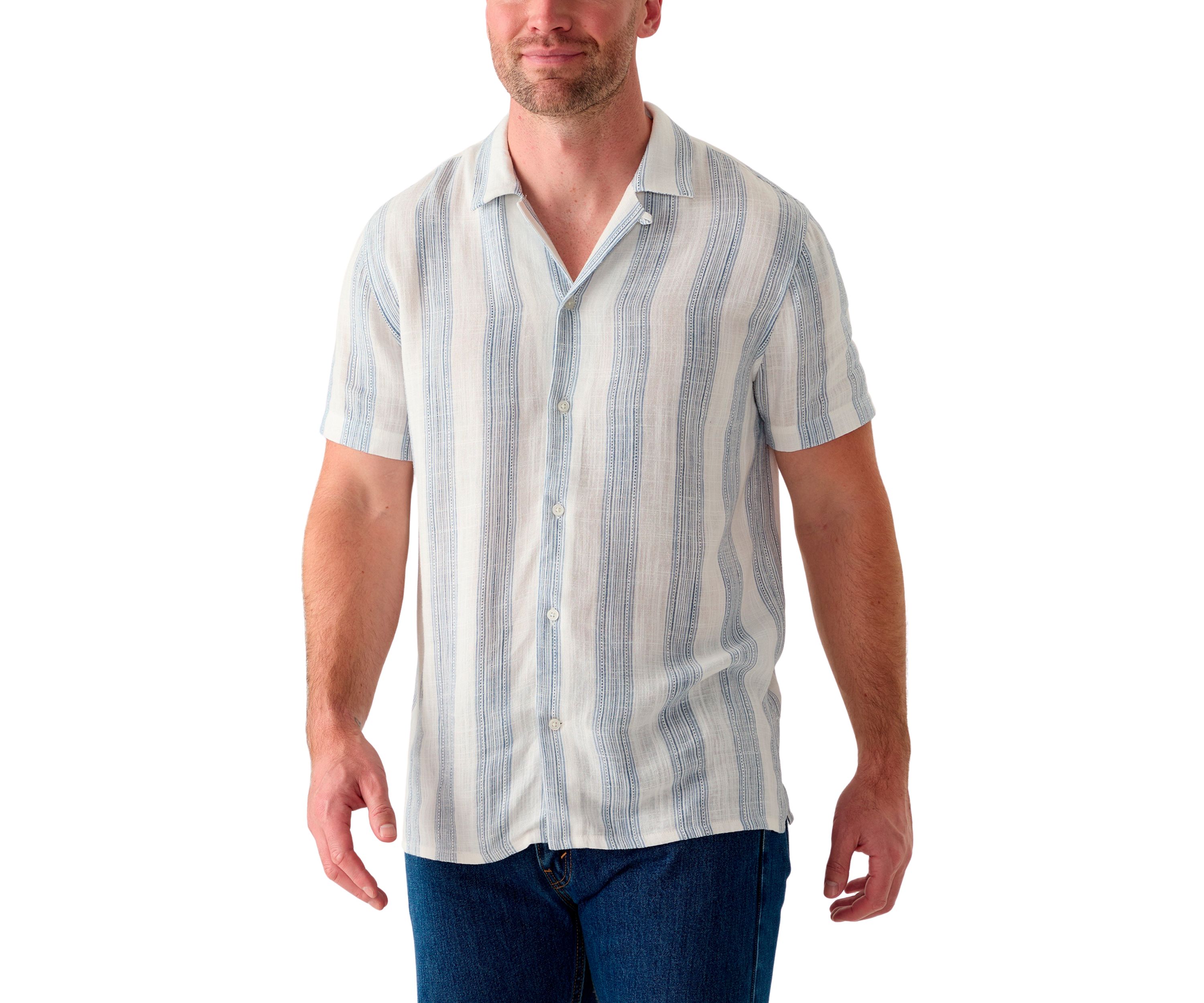 Mens Short Sleeve Stripe Linen Camp Shirt