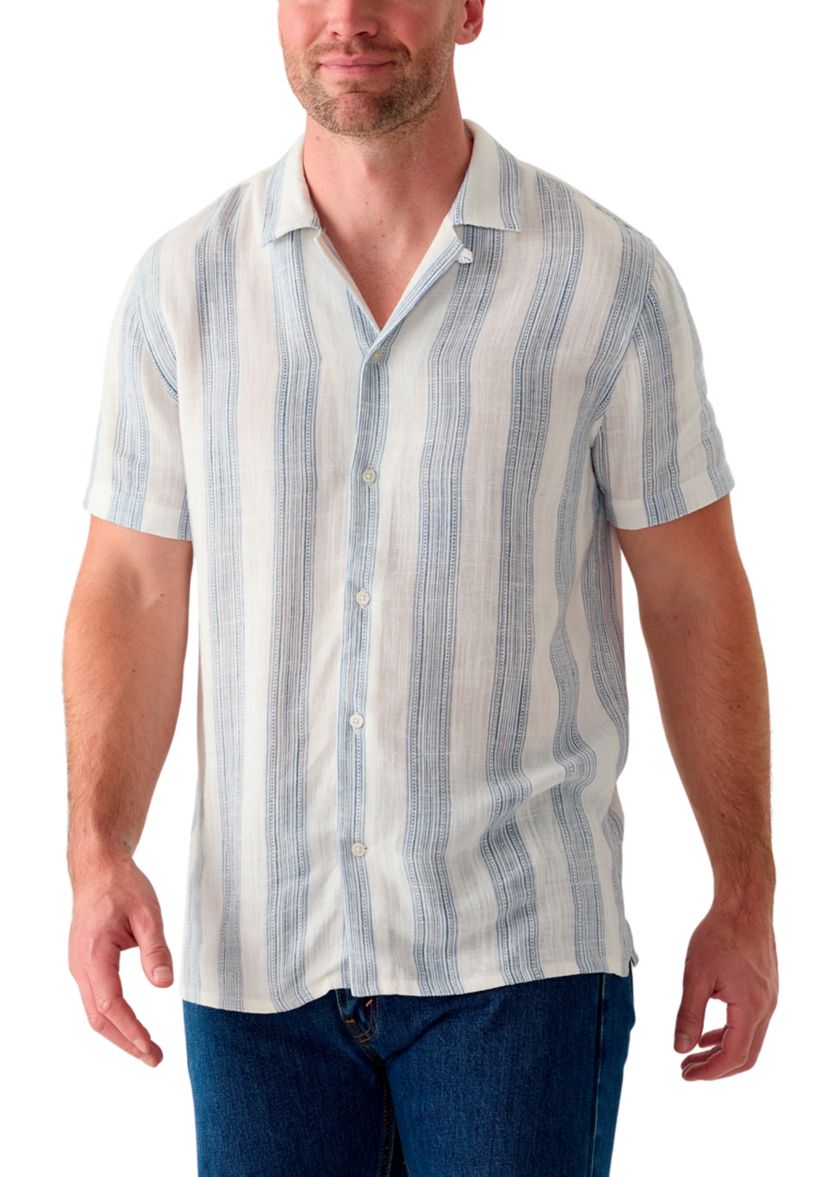 Mens Short Sleeve Stripe Linen Camp Shirt