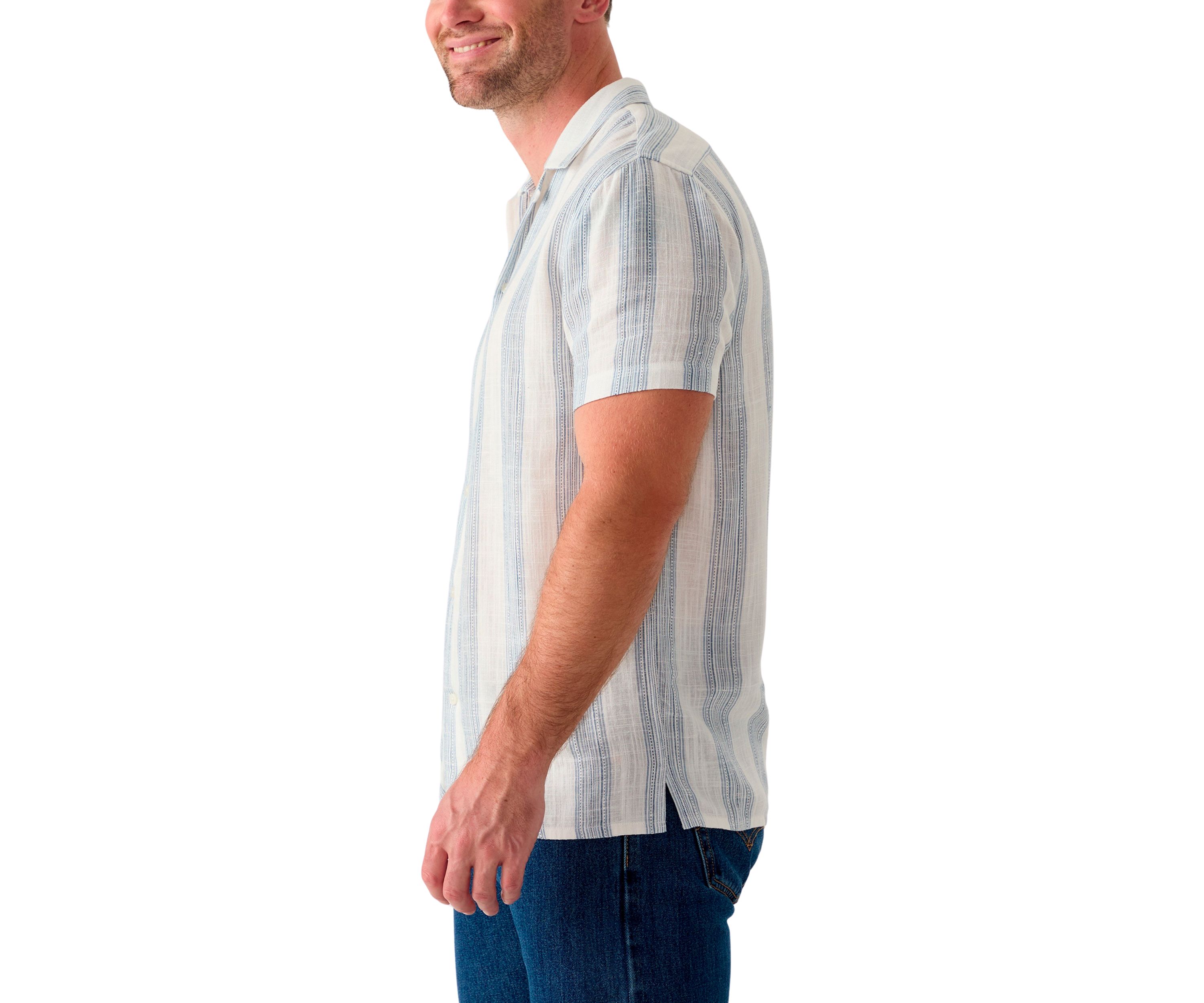 Mens Short Sleeve Stripe Linen Camp Shirt