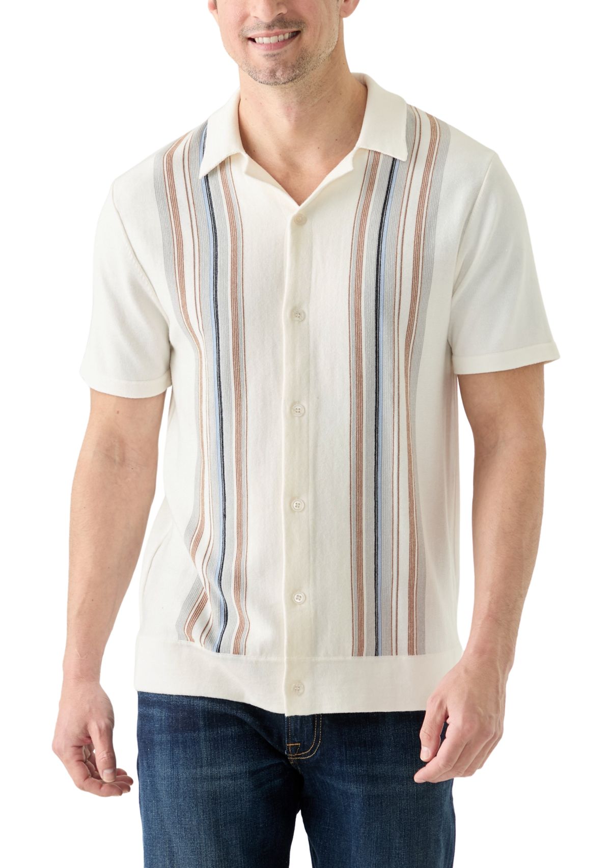 Mens Short Sleeve Multi Stripe Button Front Sweater