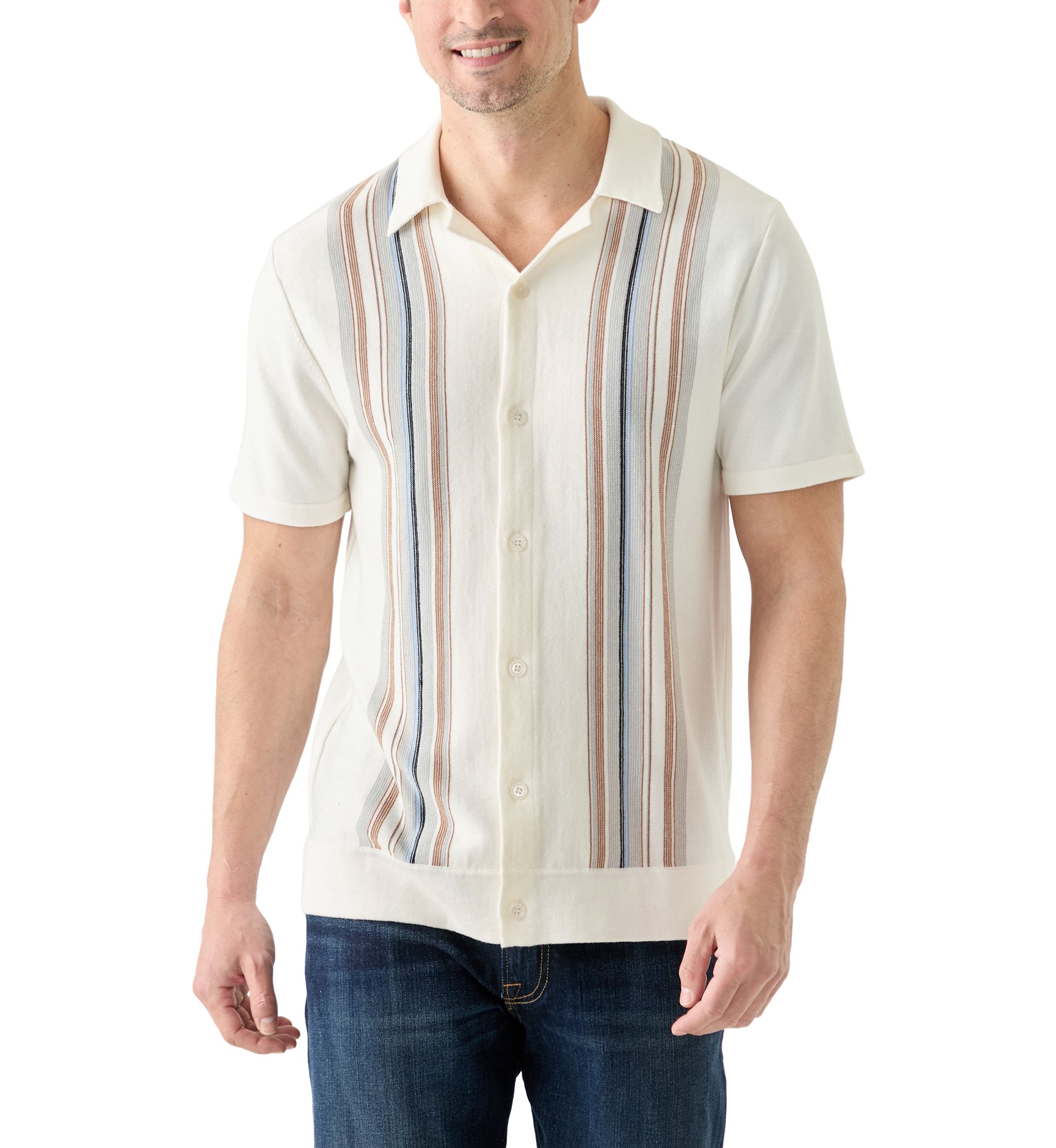 Mens Short Sleeve Multi Stripe Button Front Sweater