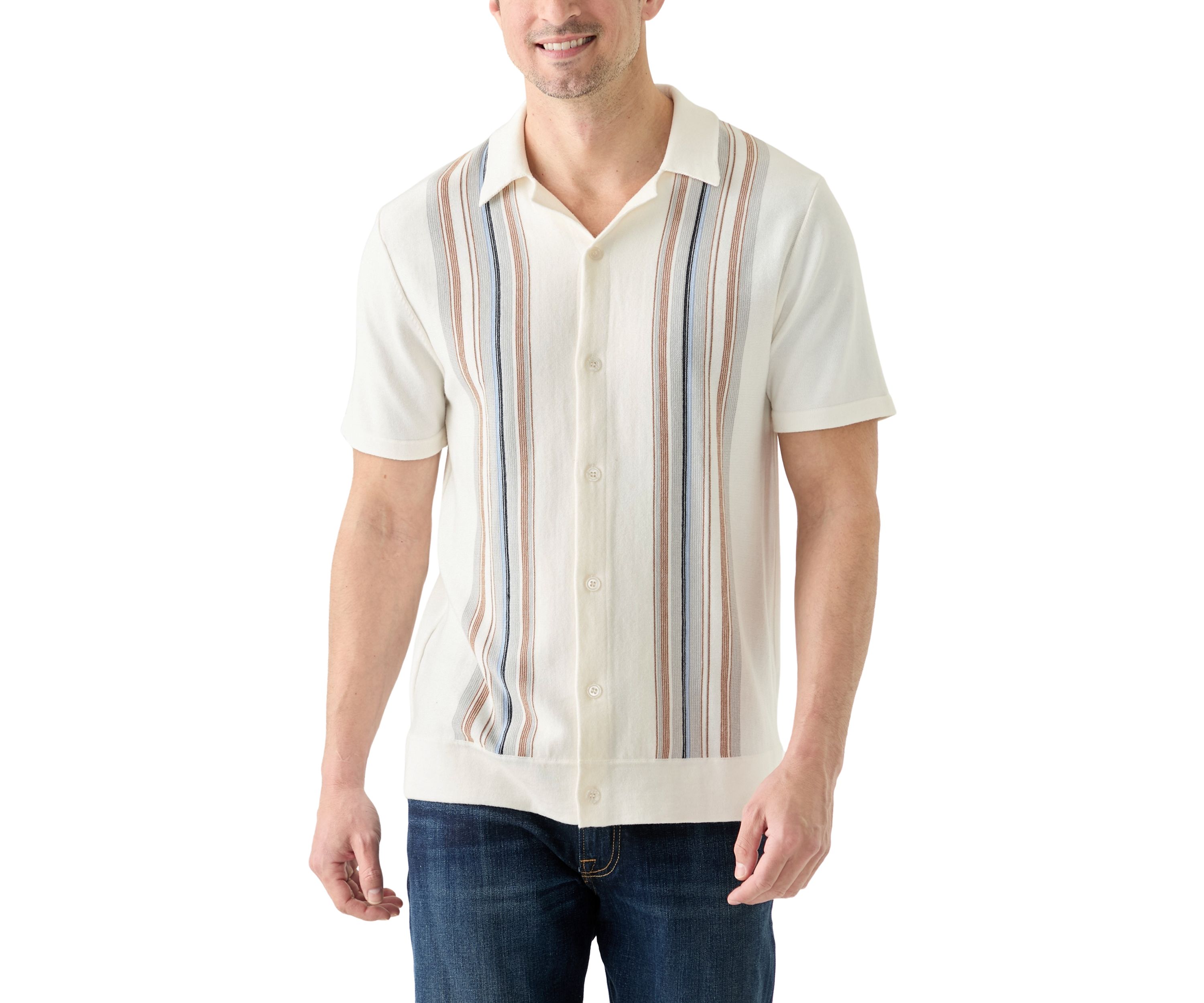 Mens Short Sleeve Multi Stripe Button Front Sweater