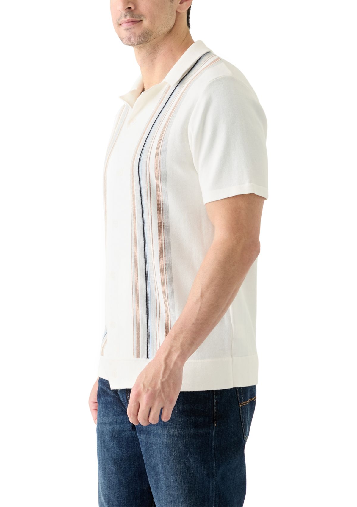 Mens Short Sleeve Multi Stripe Button Front Sweater