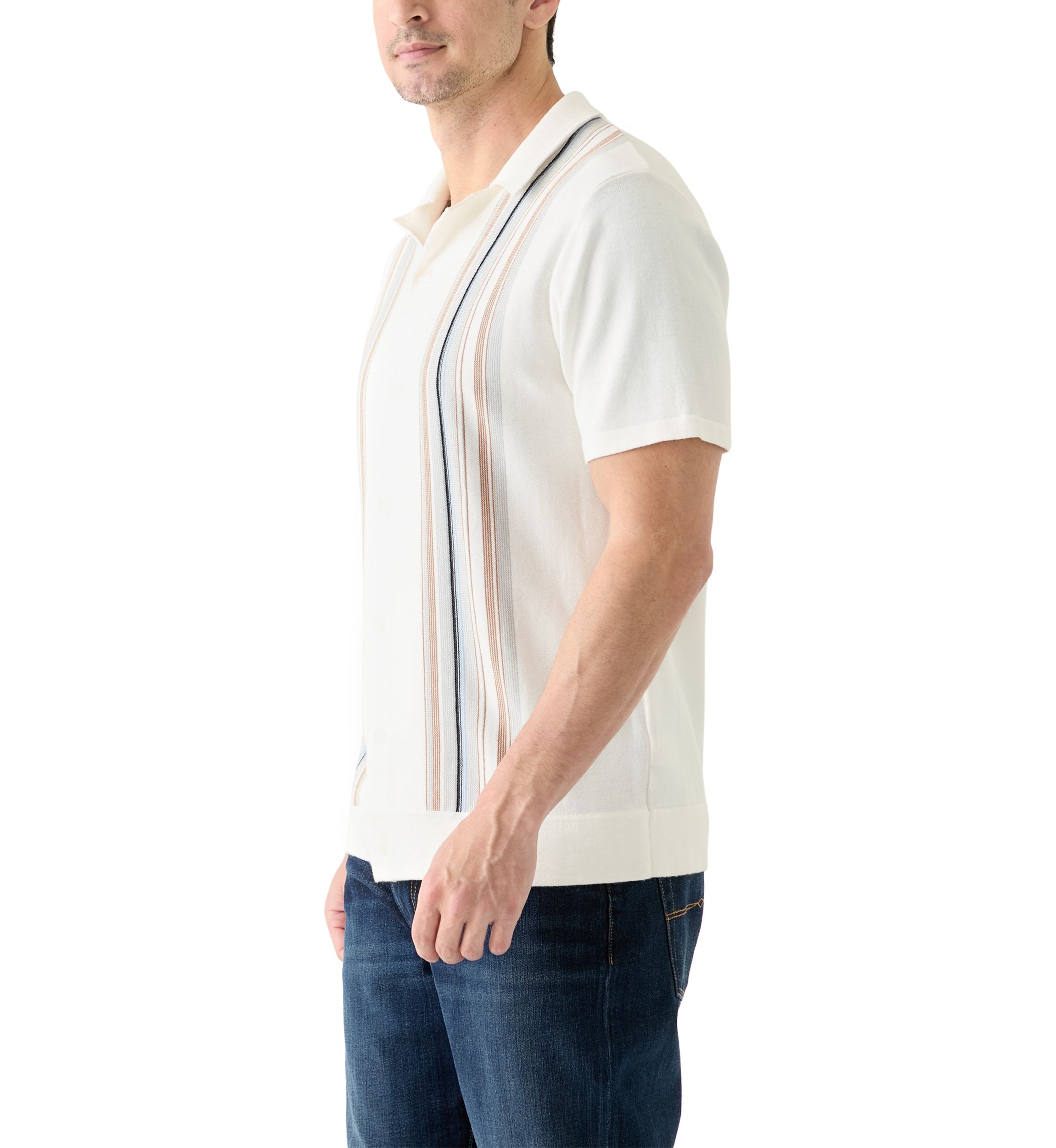 Mens Short Sleeve Multi Stripe Button Front Sweater