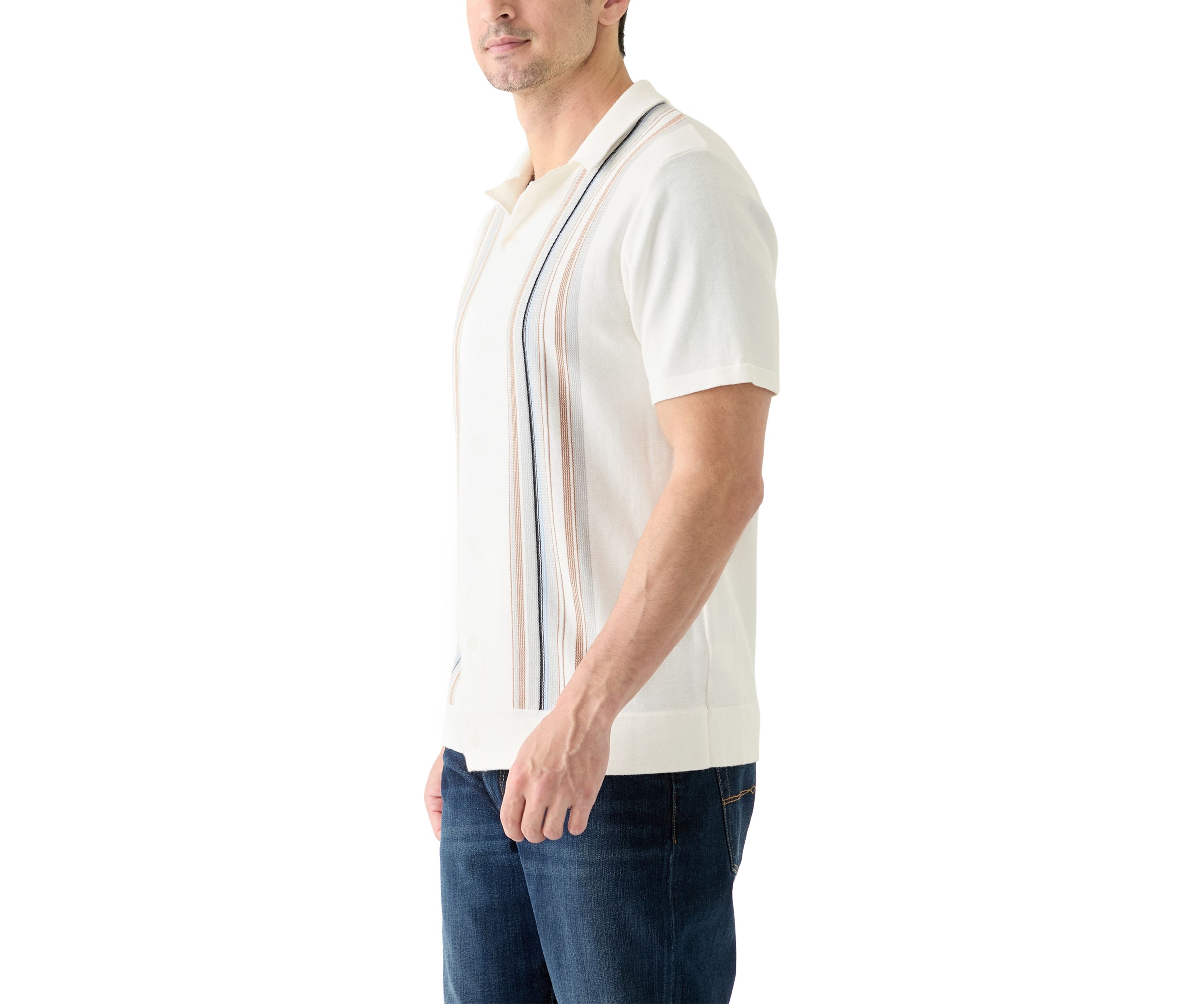 Mens Short Sleeve Multi Stripe Button Front Sweater