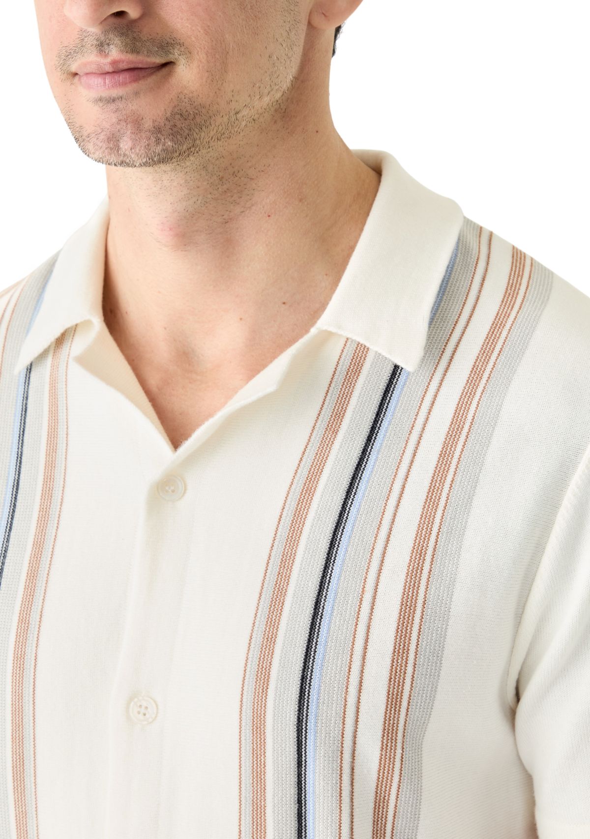 Mens Short Sleeve Multi Stripe Button Front Sweater