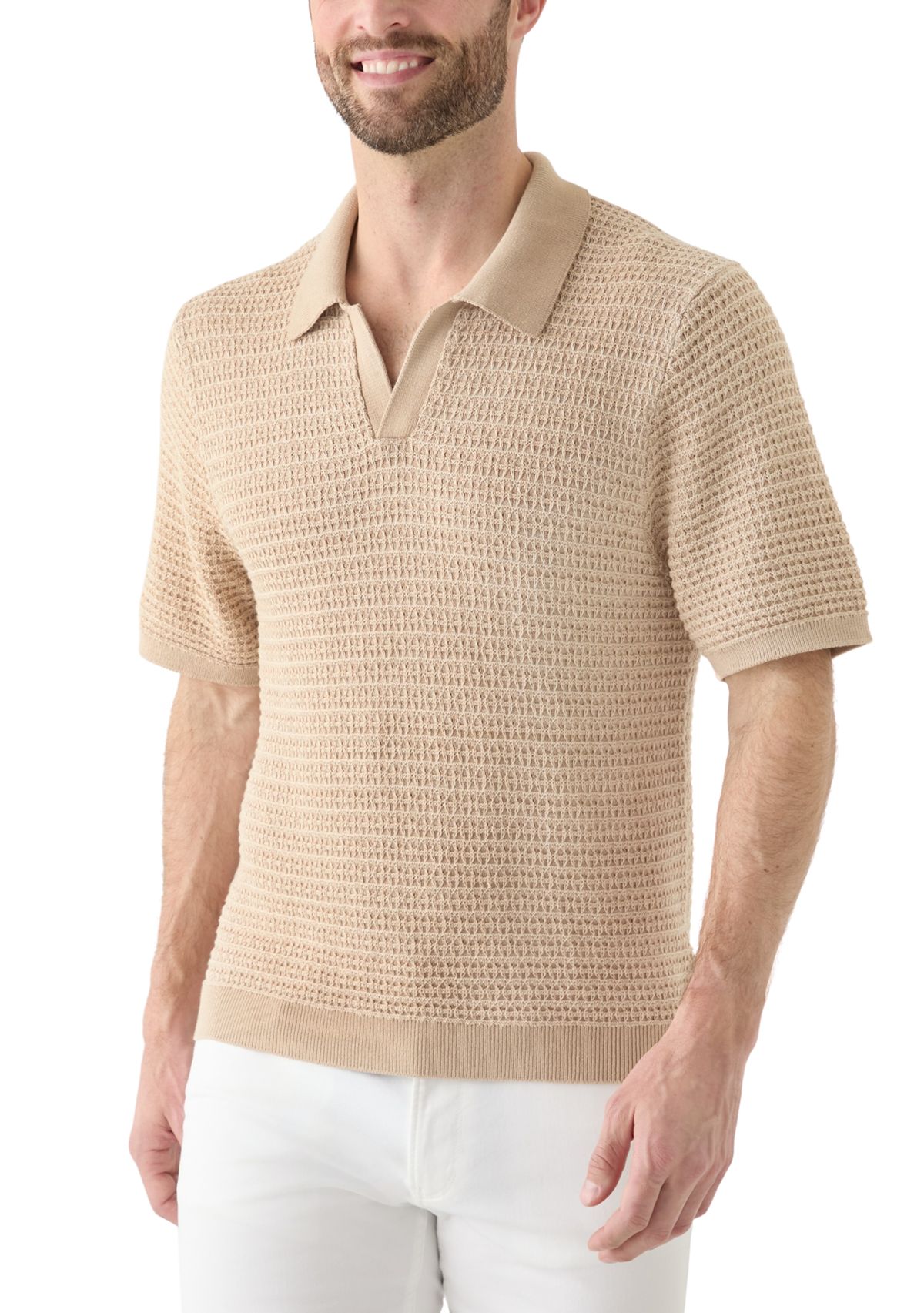 Mens Short Sleeve Textured Johnny Collar Sweater