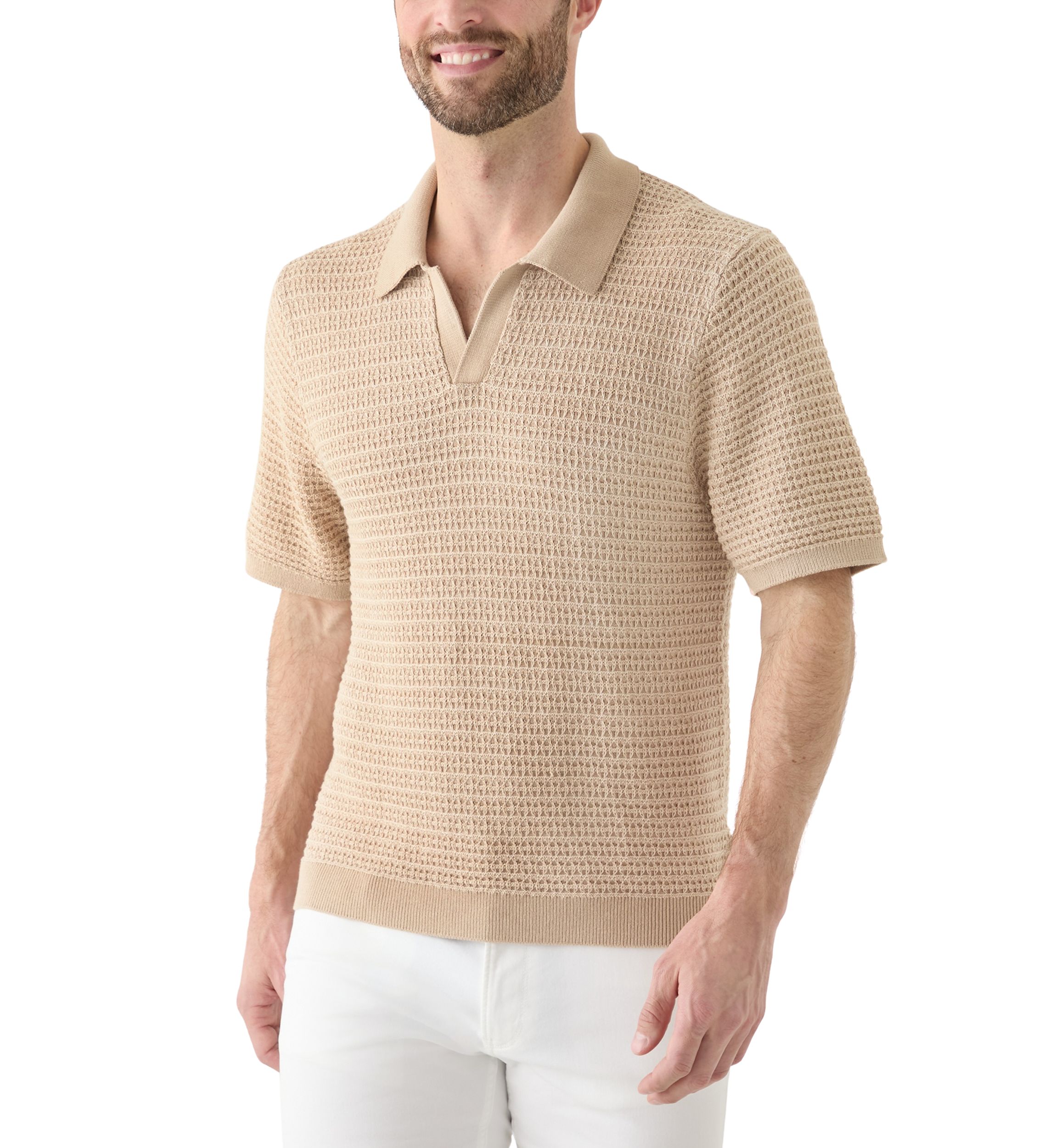 Mens Short Sleeve Textured Johnny Collar Sweater