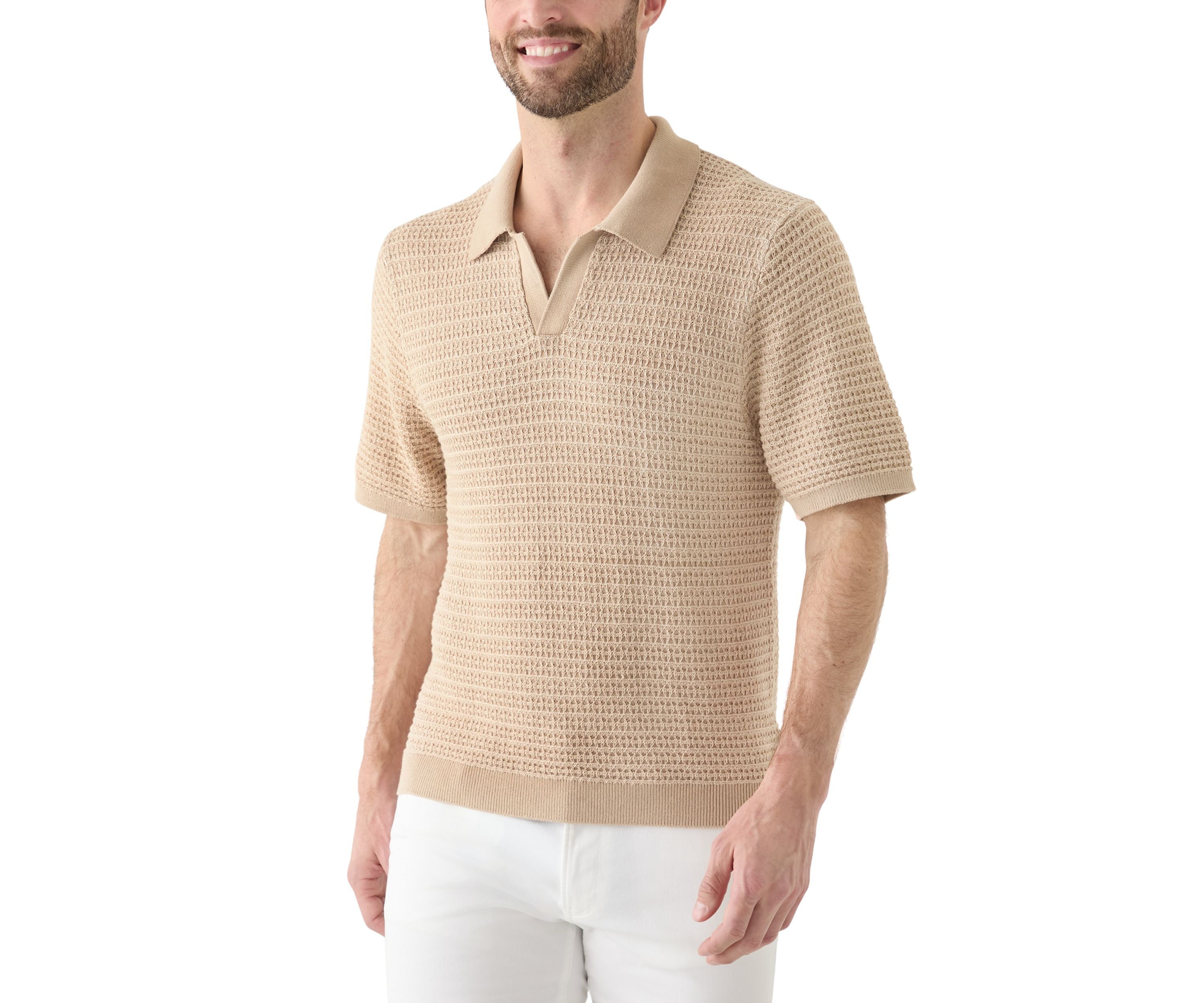 Mens Short Sleeve Textured Johnny Collar Sweater