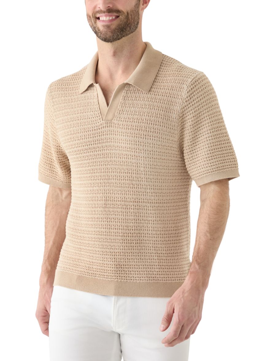 Mens Short Sleeve Textured Johnny Collar Sweater