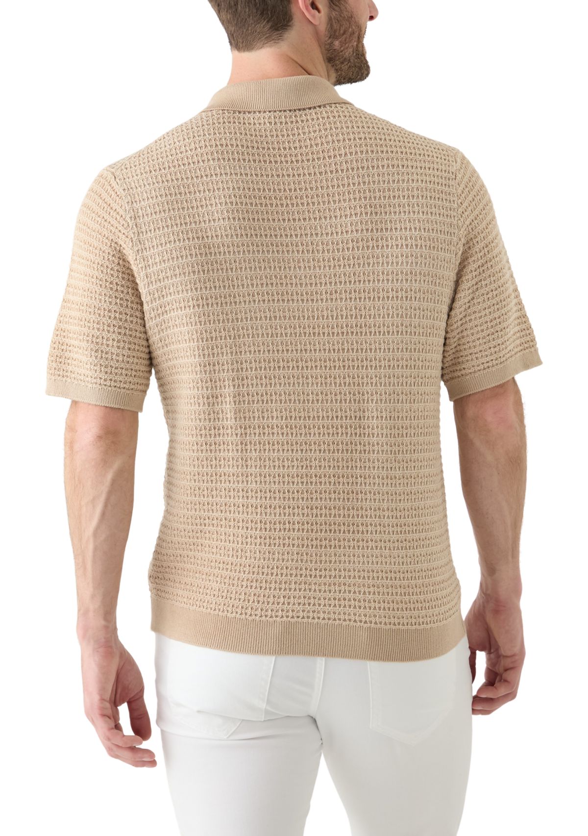 Mens Short Sleeve Textured Johnny Collar Sweater