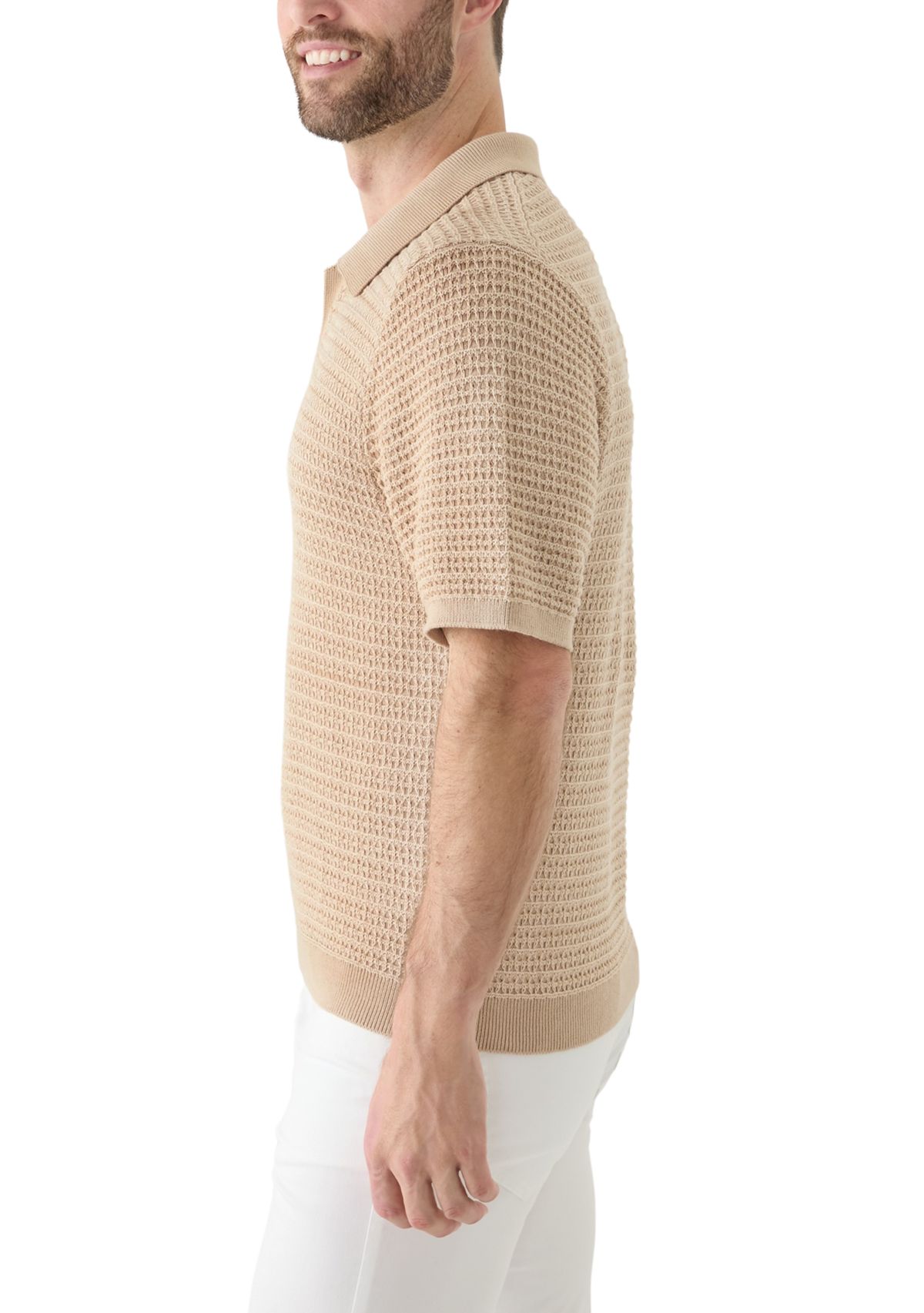 Mens Short Sleeve Textured Johnny Collar Sweater