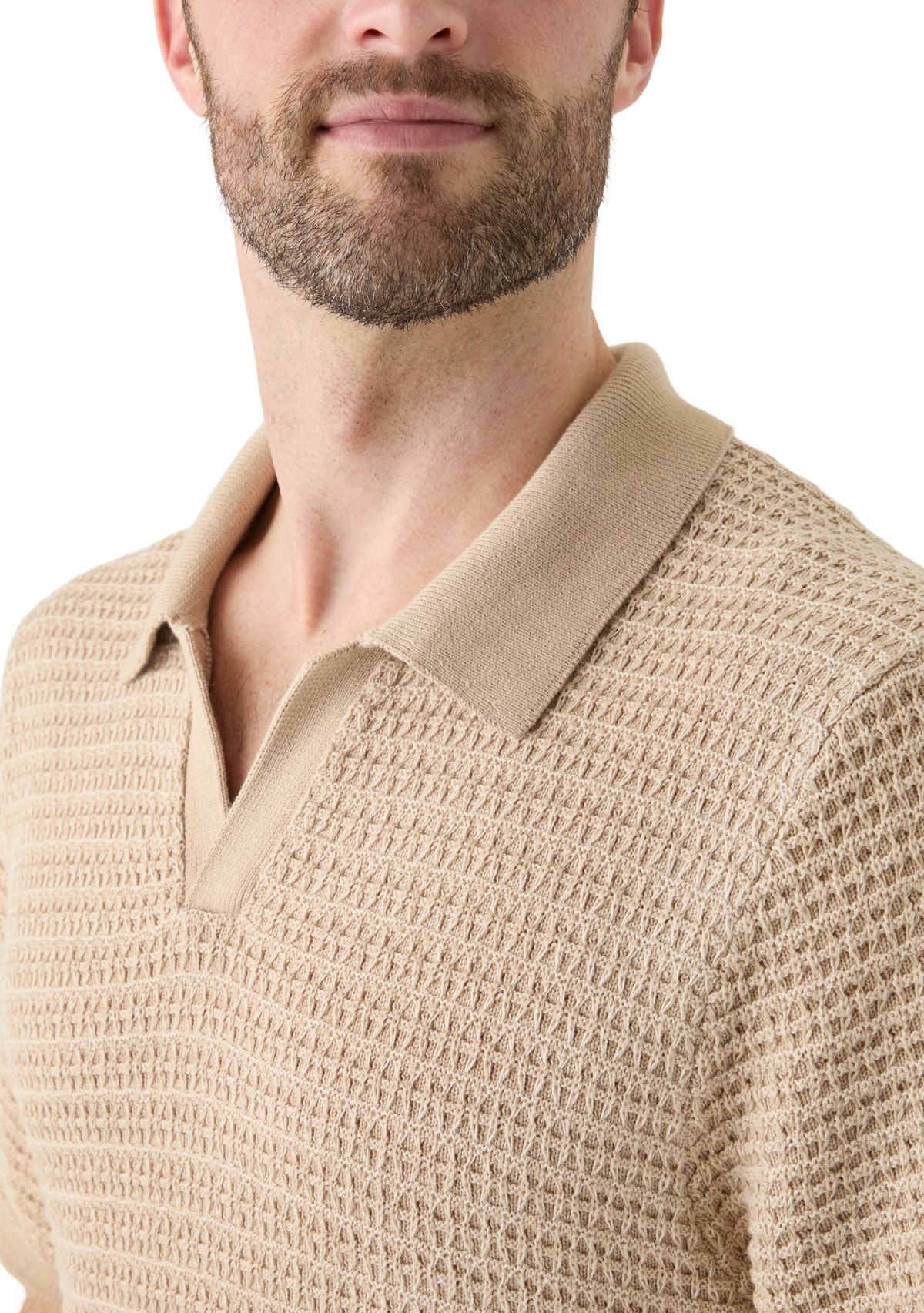 Mens Short Sleeve Textured Johnny Collar Sweater