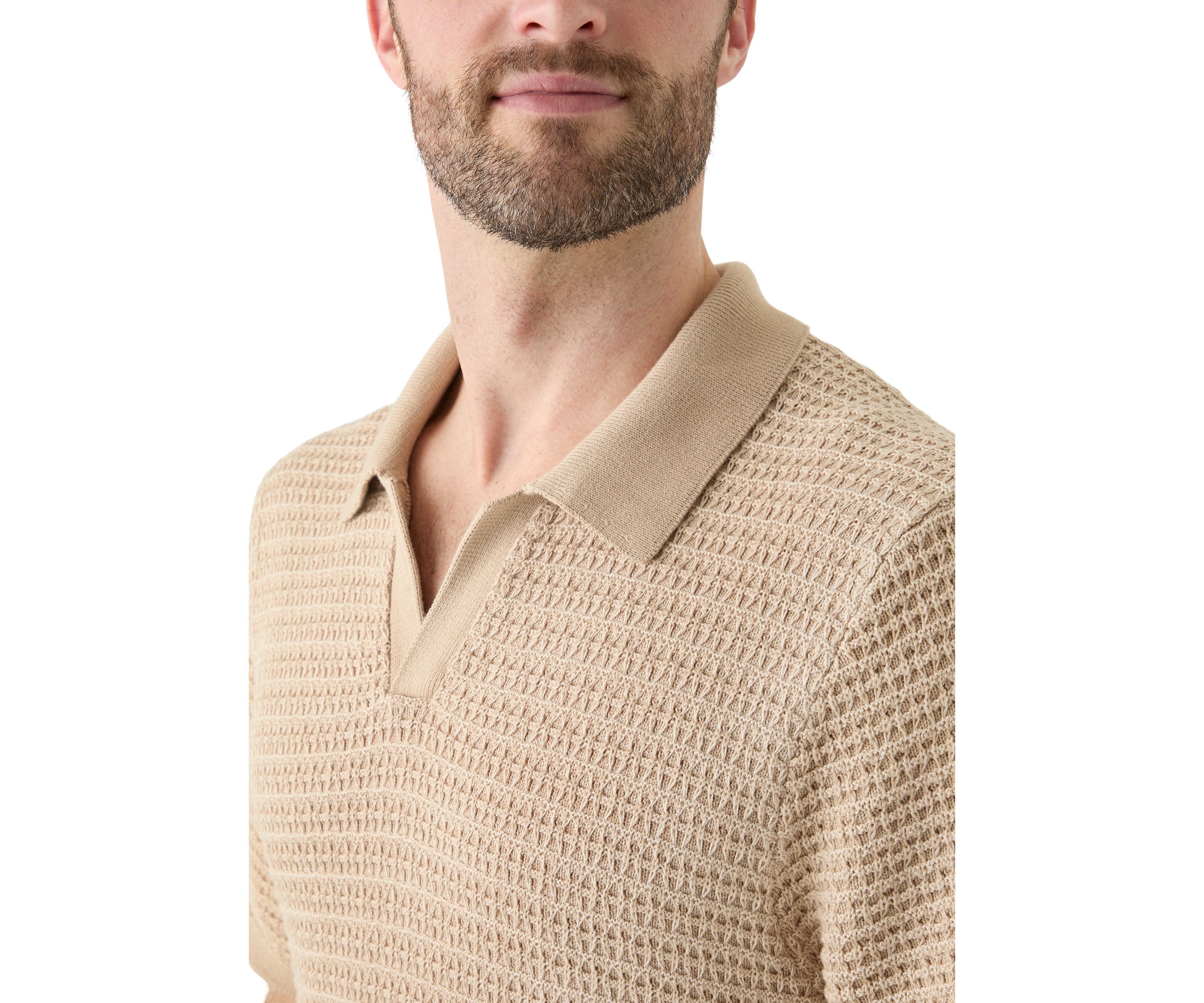 Mens Short Sleeve Textured Johnny Collar Sweater