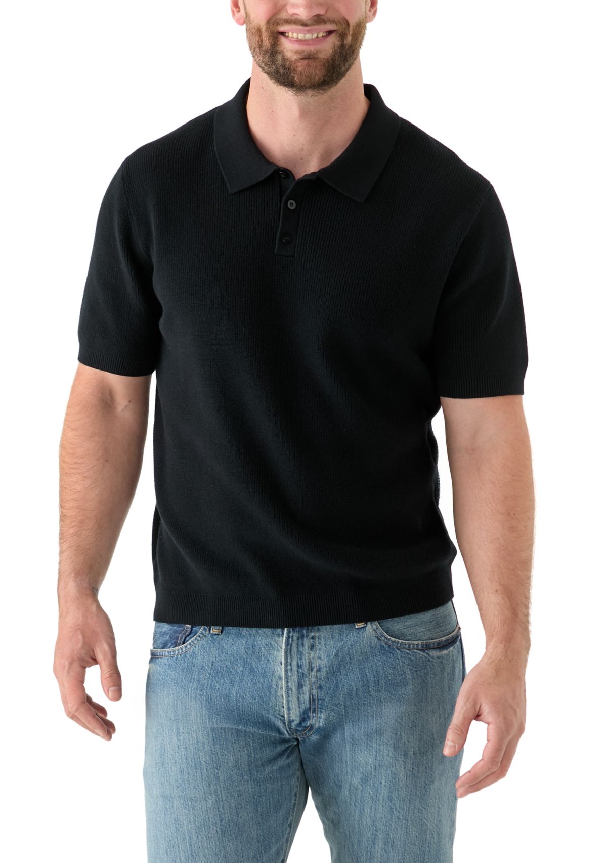 Mens Ribbed Knit Cotton Polo Sweater