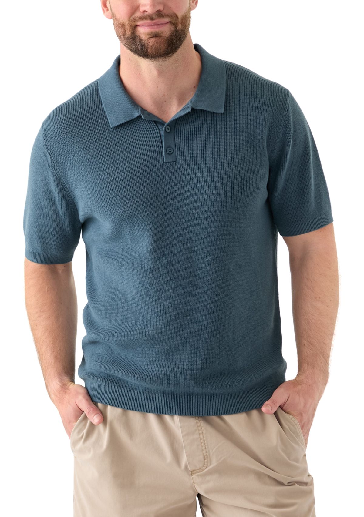 Mens Ribbed Knit Cotton Polo Sweater