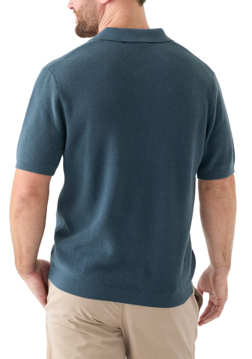 Mens Ribbed Knit Cotton Polo Sweater