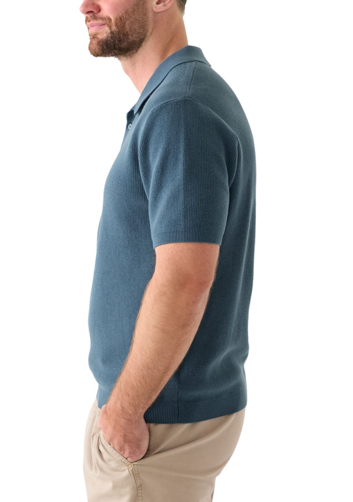 Mens Ribbed Knit Cotton Polo Sweater