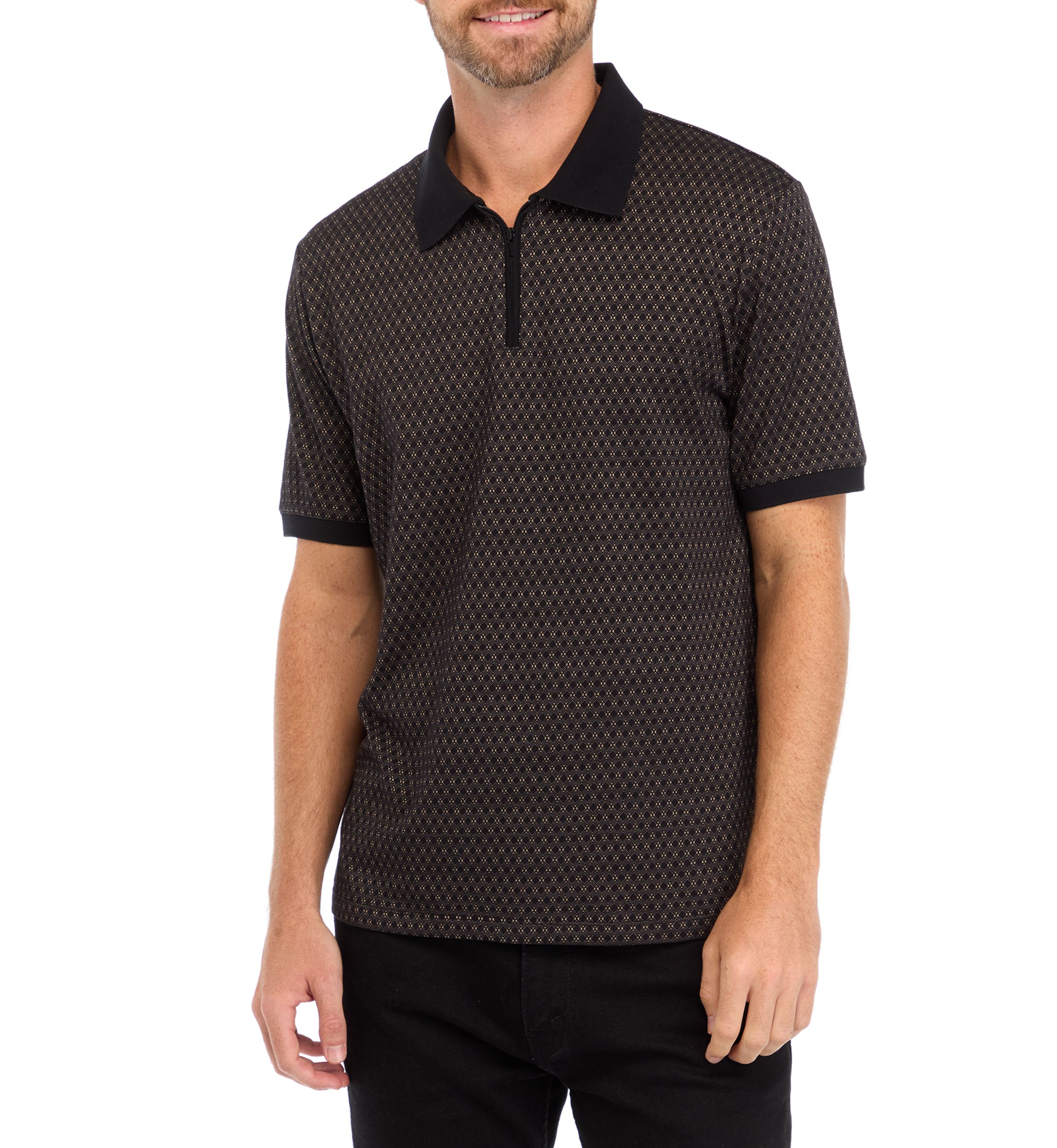 Mens Zip Up Jacquard Polo Shirt