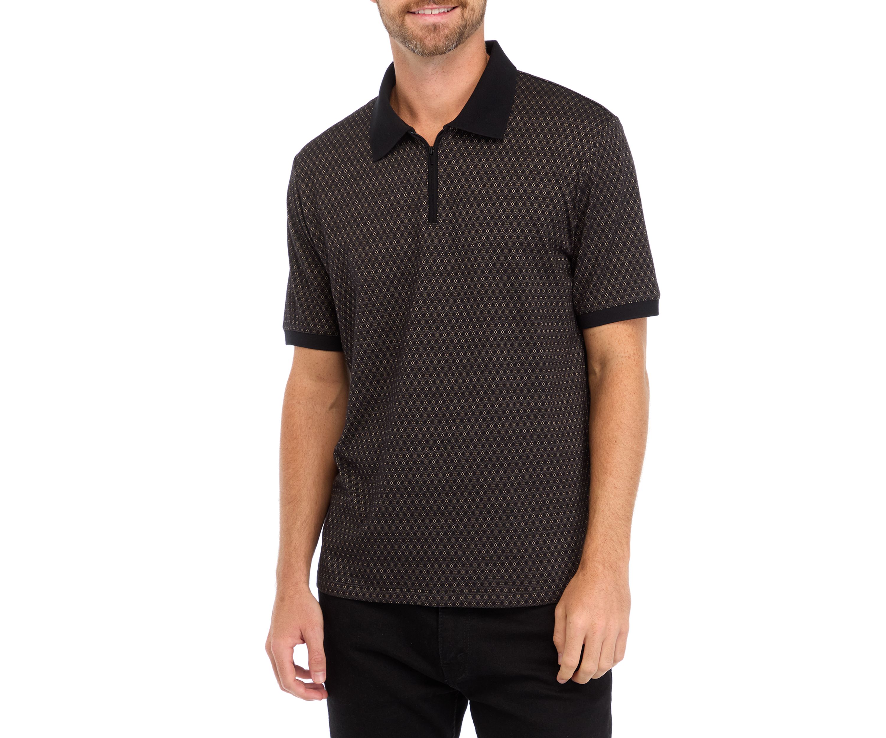Mens Zip Up Jacquard Polo Shirt