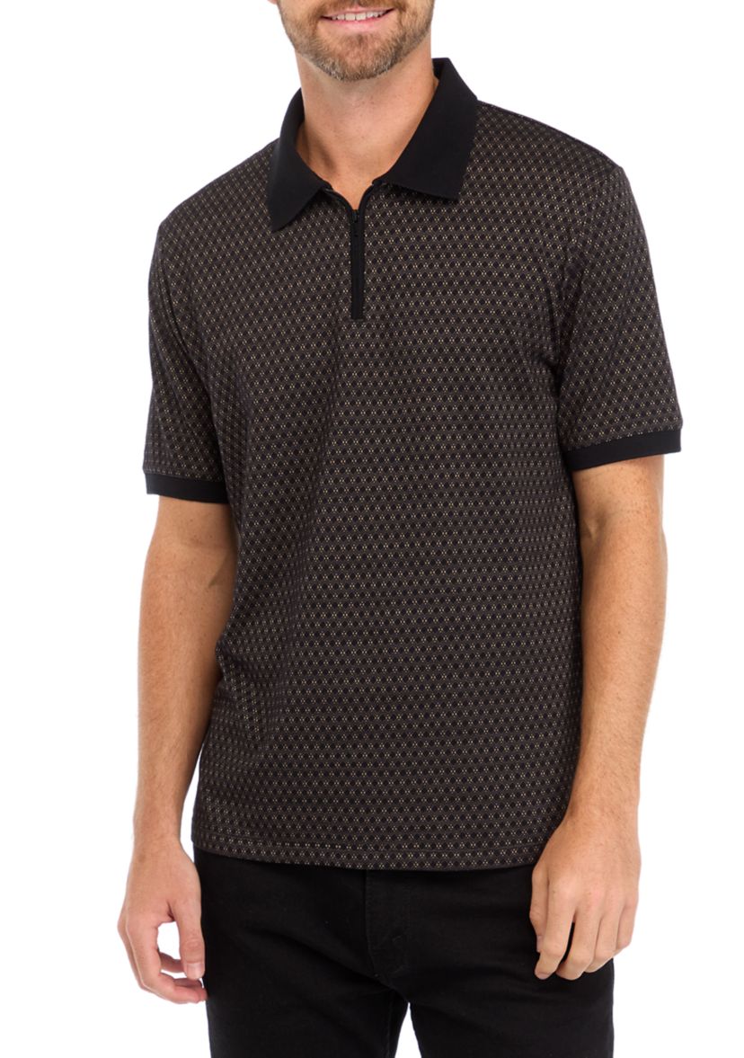 Mens Zip Up Jacquard Polo Shirt