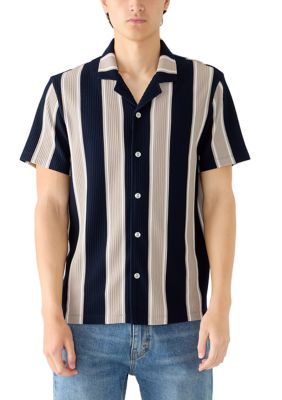 Industry Republic Clothing Men's Short Sleeve Ottoman Striped Cuban Collar Plissé Shirt, 2XL