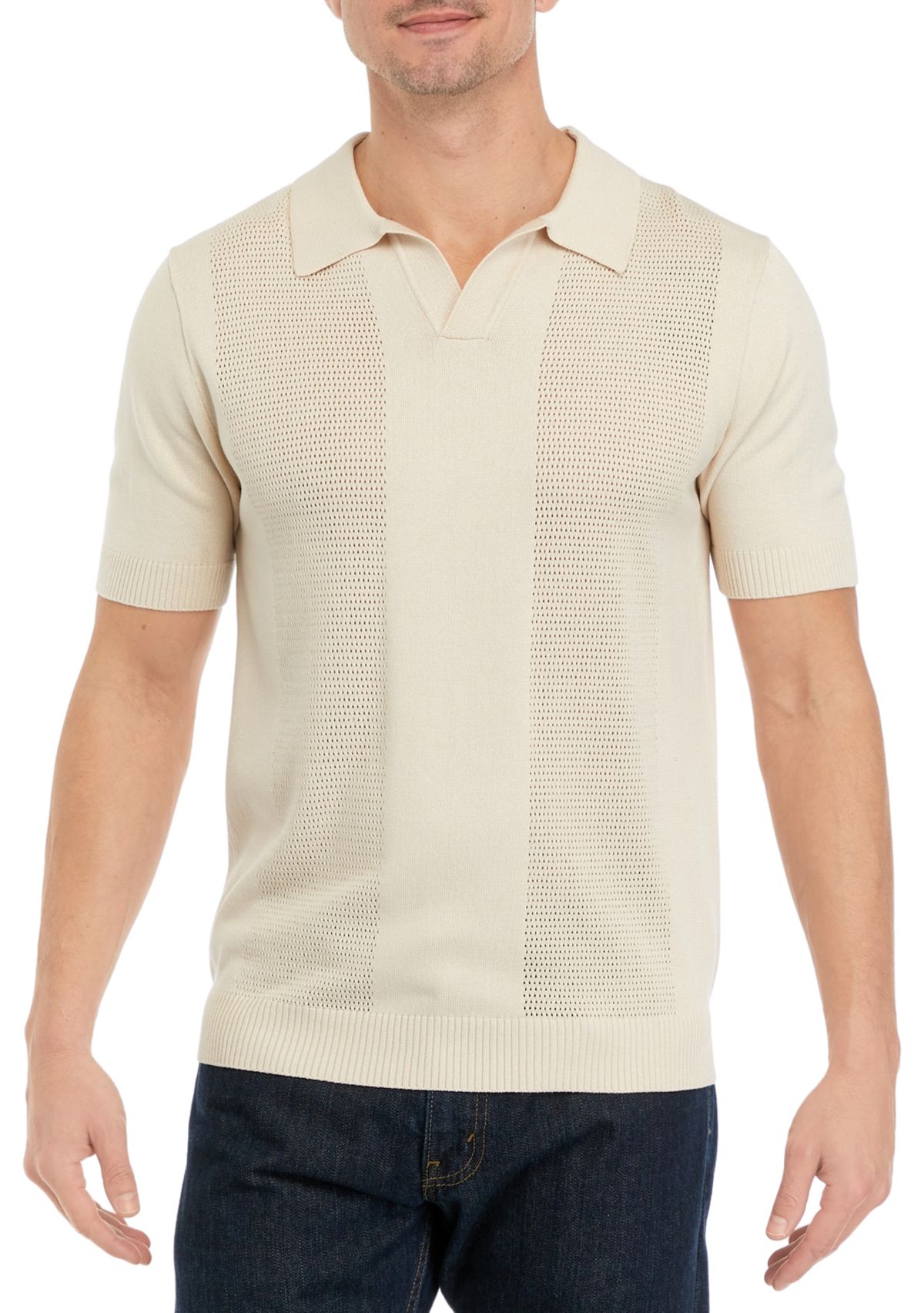 Mens Short Sleeve Pointelle Polo Sweater