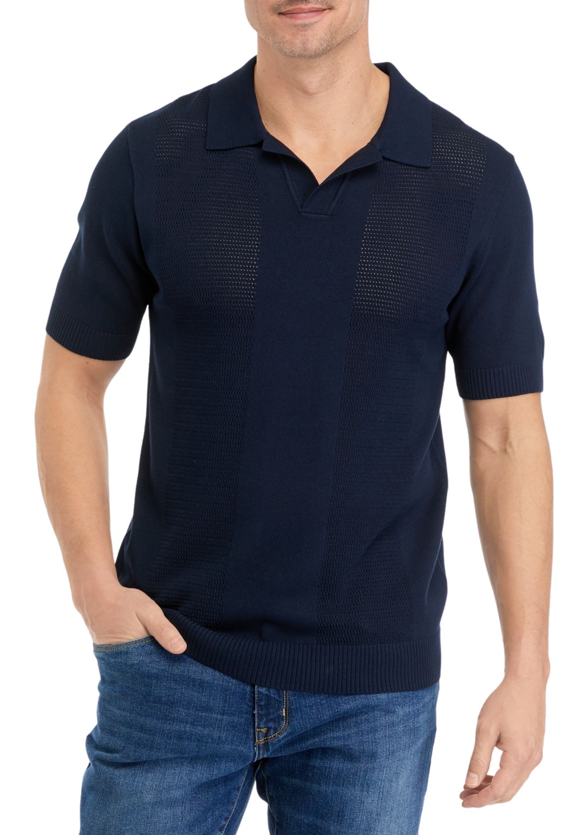 Mens Short Sleeve Pointelle Polo Sweater