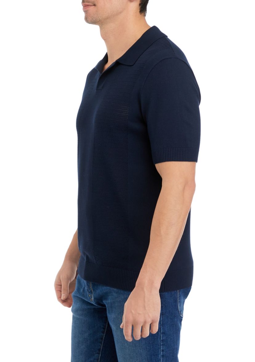 Mens Short Sleeve Pointelle Polo Sweater