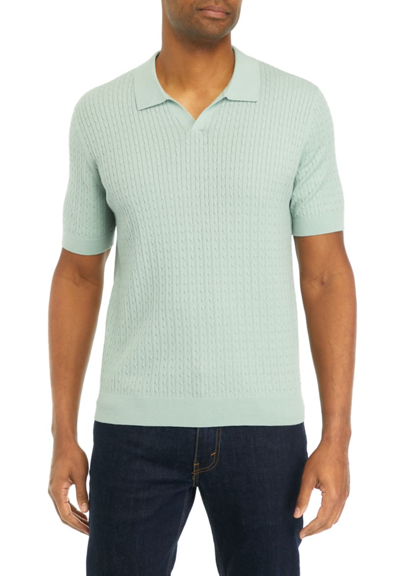 Mens Short Sleeve Cable Ribbed Polo Shirt