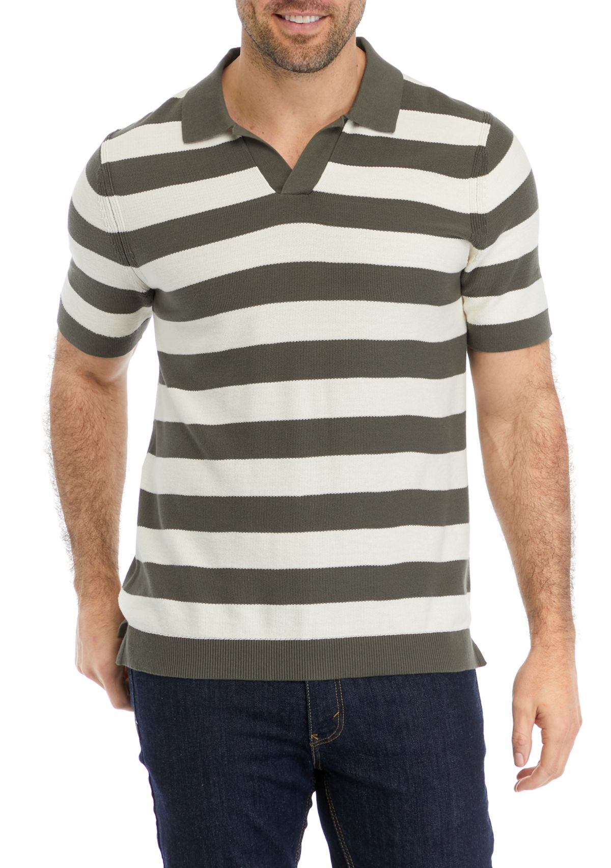 Mens Short Sleeve Johnny Collar Wide Stripe Polo Sweater