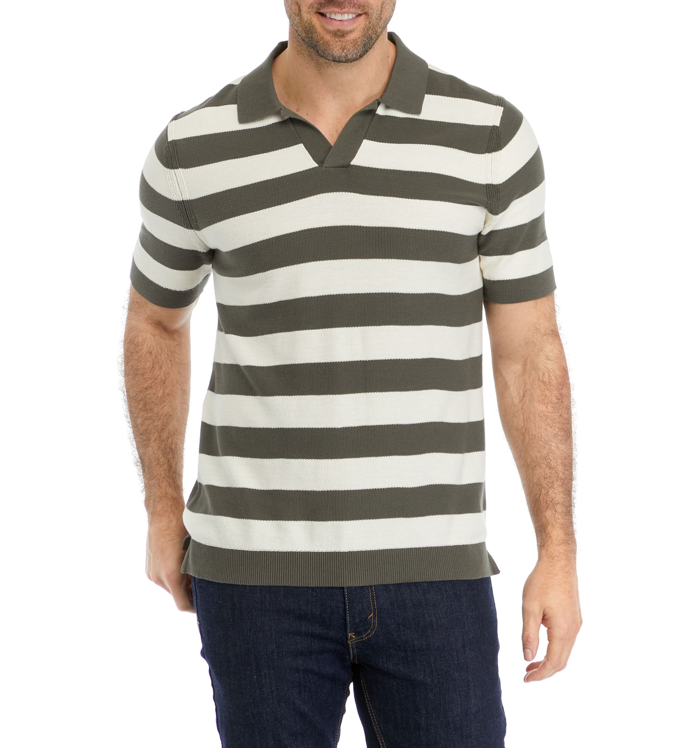 Mens Short Sleeve Johnny Collar Wide Stripe Polo Sweater