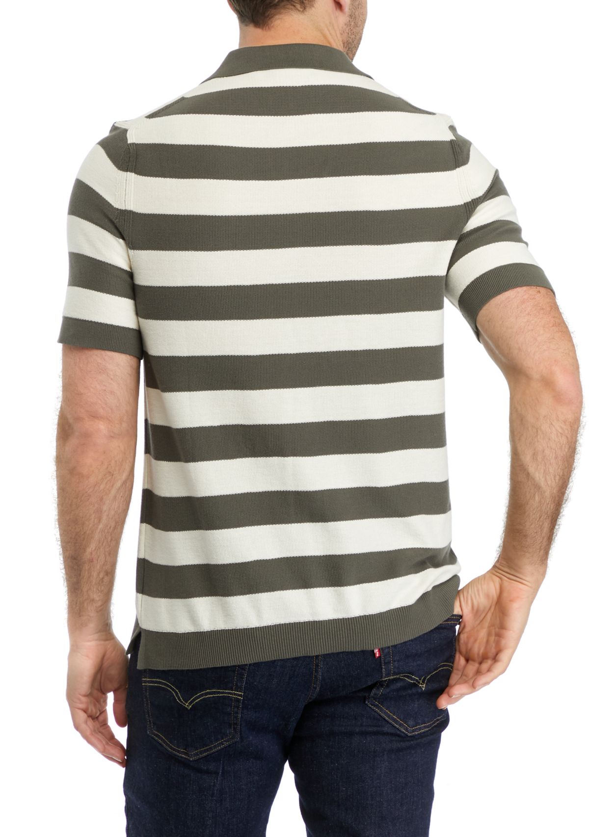 Mens Short Sleeve Johnny Collar Wide Stripe Polo Sweater