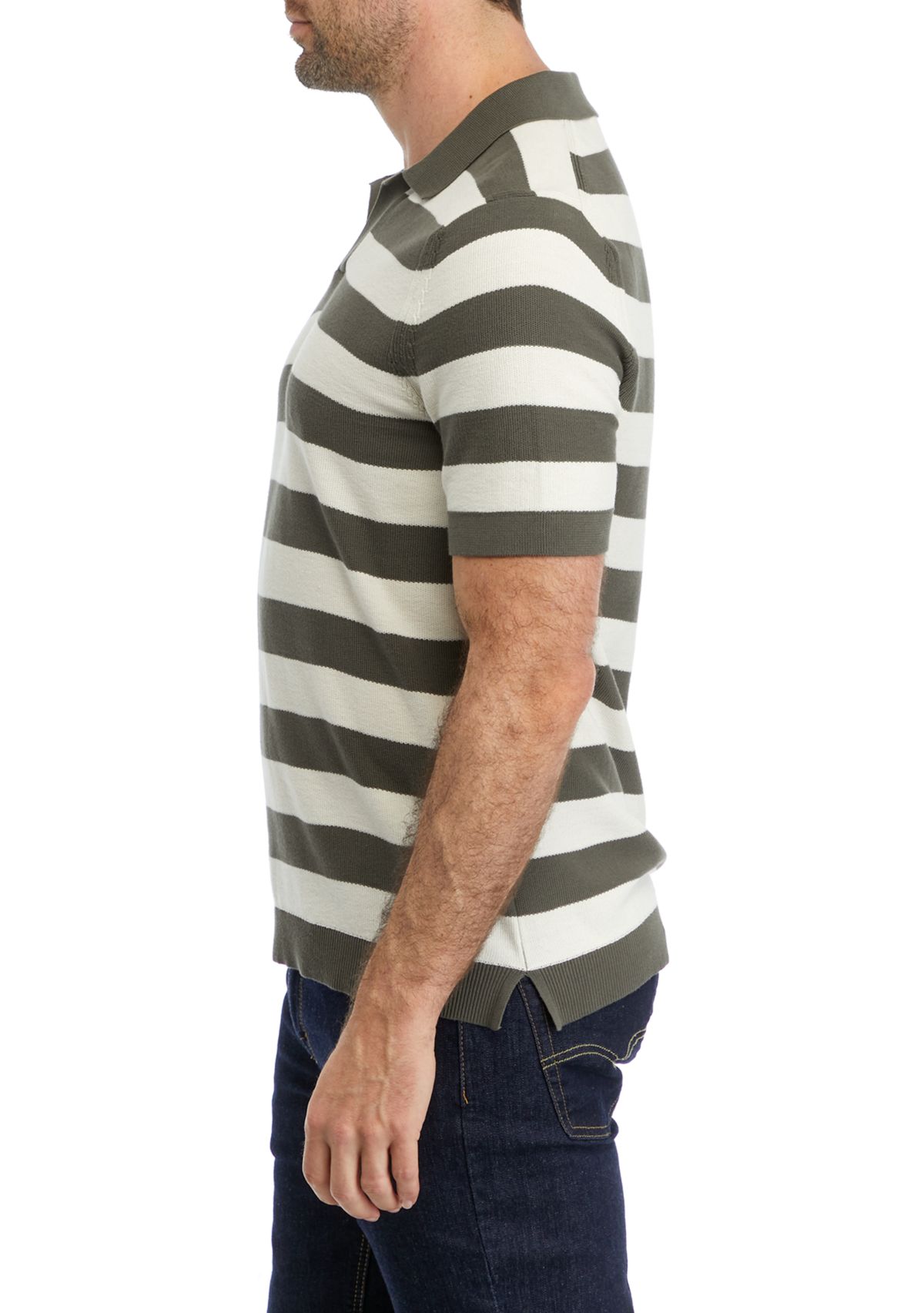 Mens Short Sleeve Johnny Collar Wide Stripe Polo Sweater