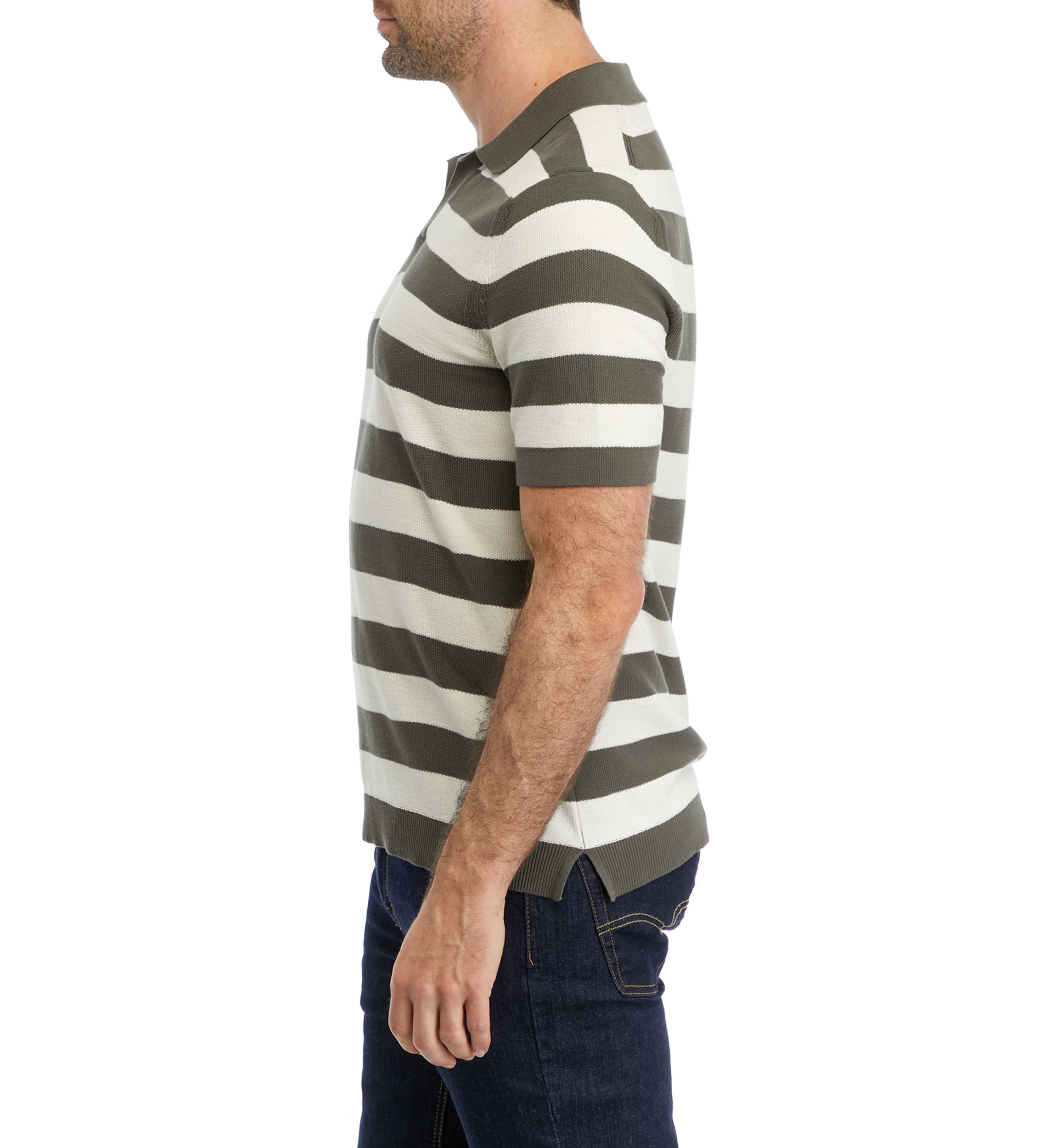Mens Short Sleeve Johnny Collar Wide Stripe Polo Sweater