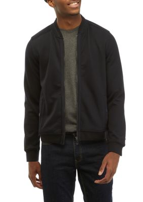 Magaschoni Men's Knit Bomber Jacket with Inside Trim, Navy Blue, Small