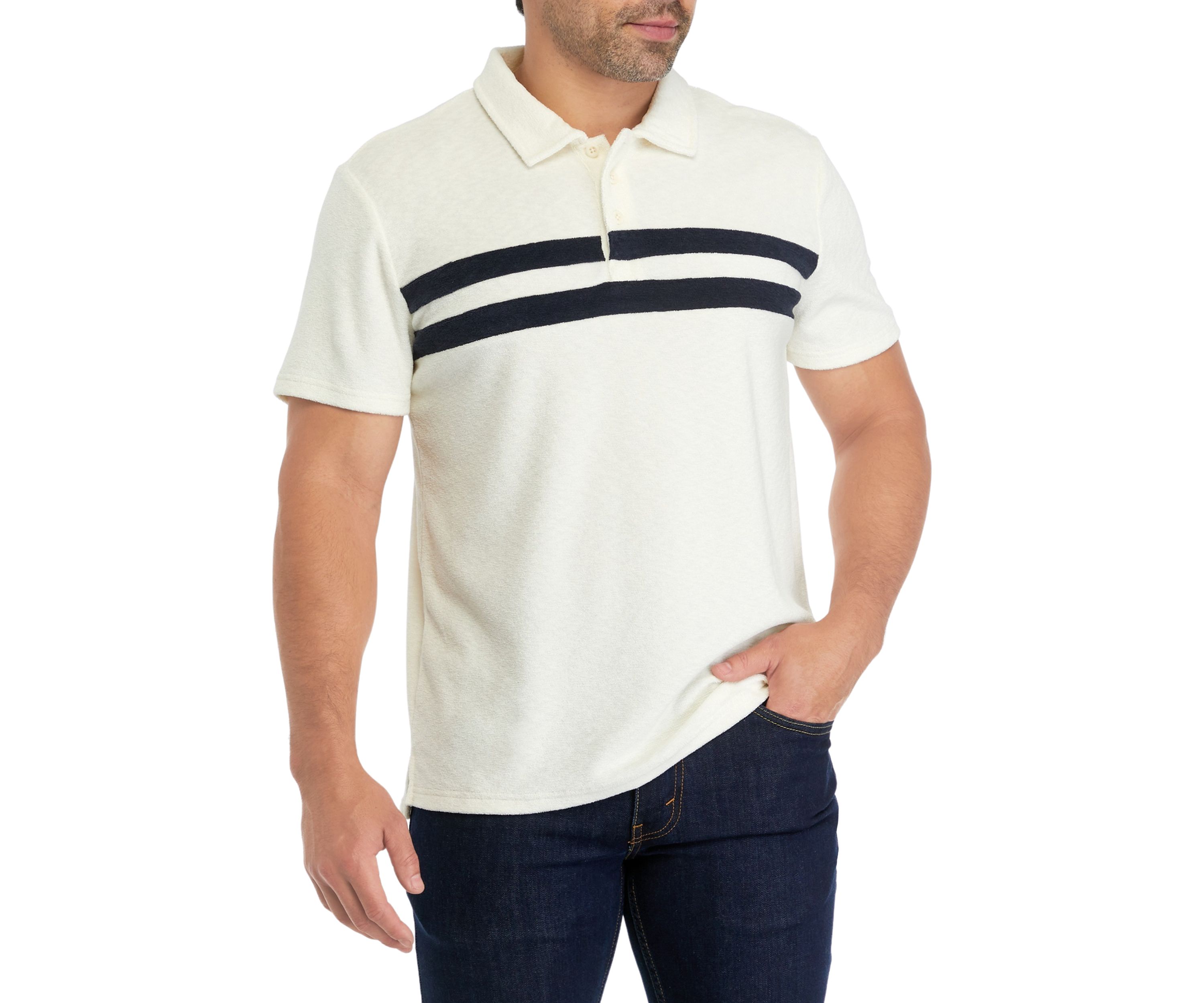 Ivory and Dark Blue Two-Stripe Terry Polo Shirt 