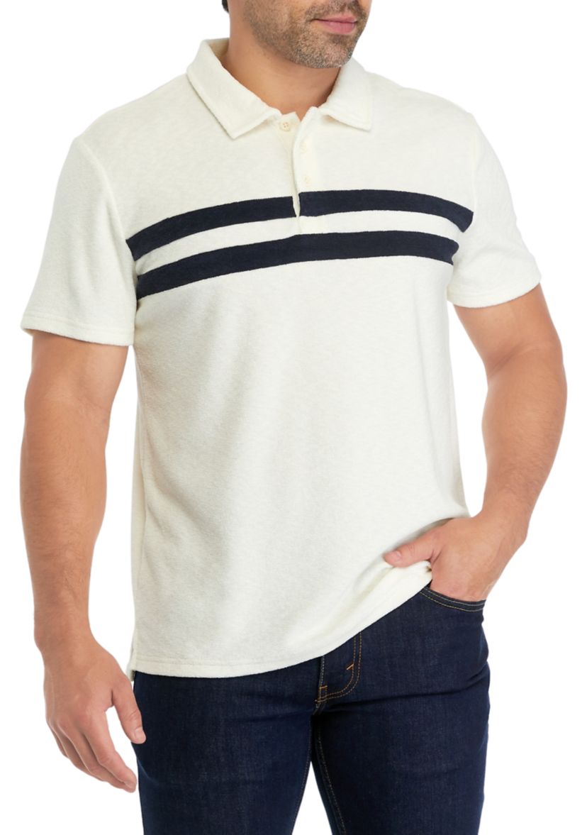 Ivory and Dark Blue Two-Stripe Terry Polo Shirt 