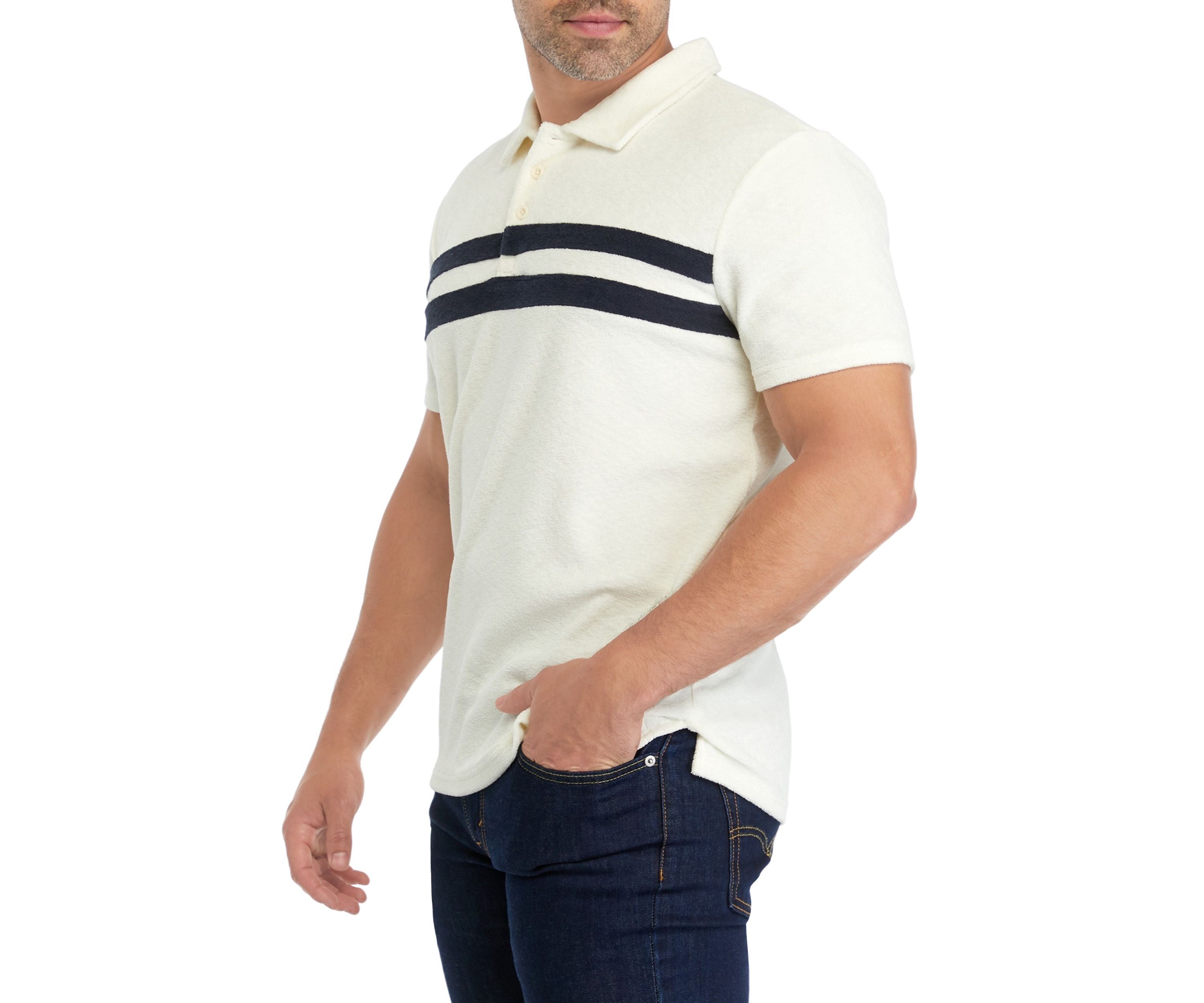 Ivory and Dark Blue Two-Stripe Terry Polo Shirt 